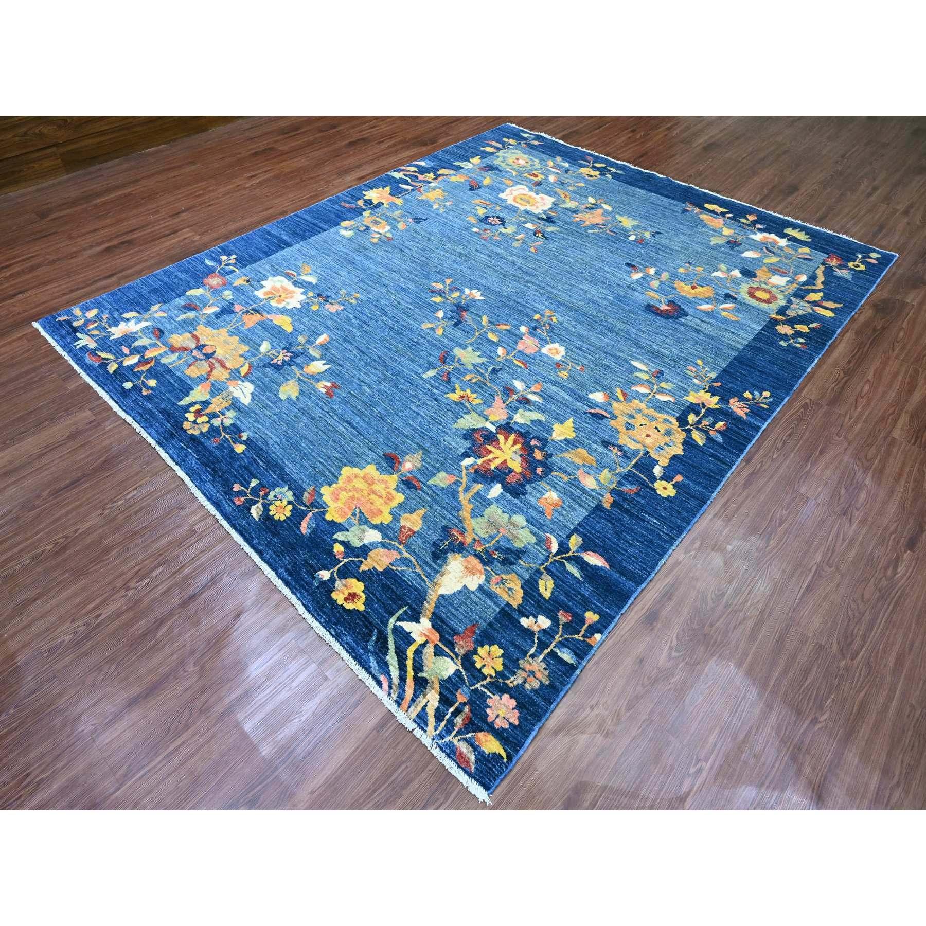Art déco 8'x10' Tapis en laine nouée à la main Peshawar d'inspiration art déco chinois bleu impérial en vente