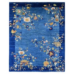 8'x10' Imperial Blue Chinese Art Deco Inspired Peshawar Hand Knotted Wool Rug
