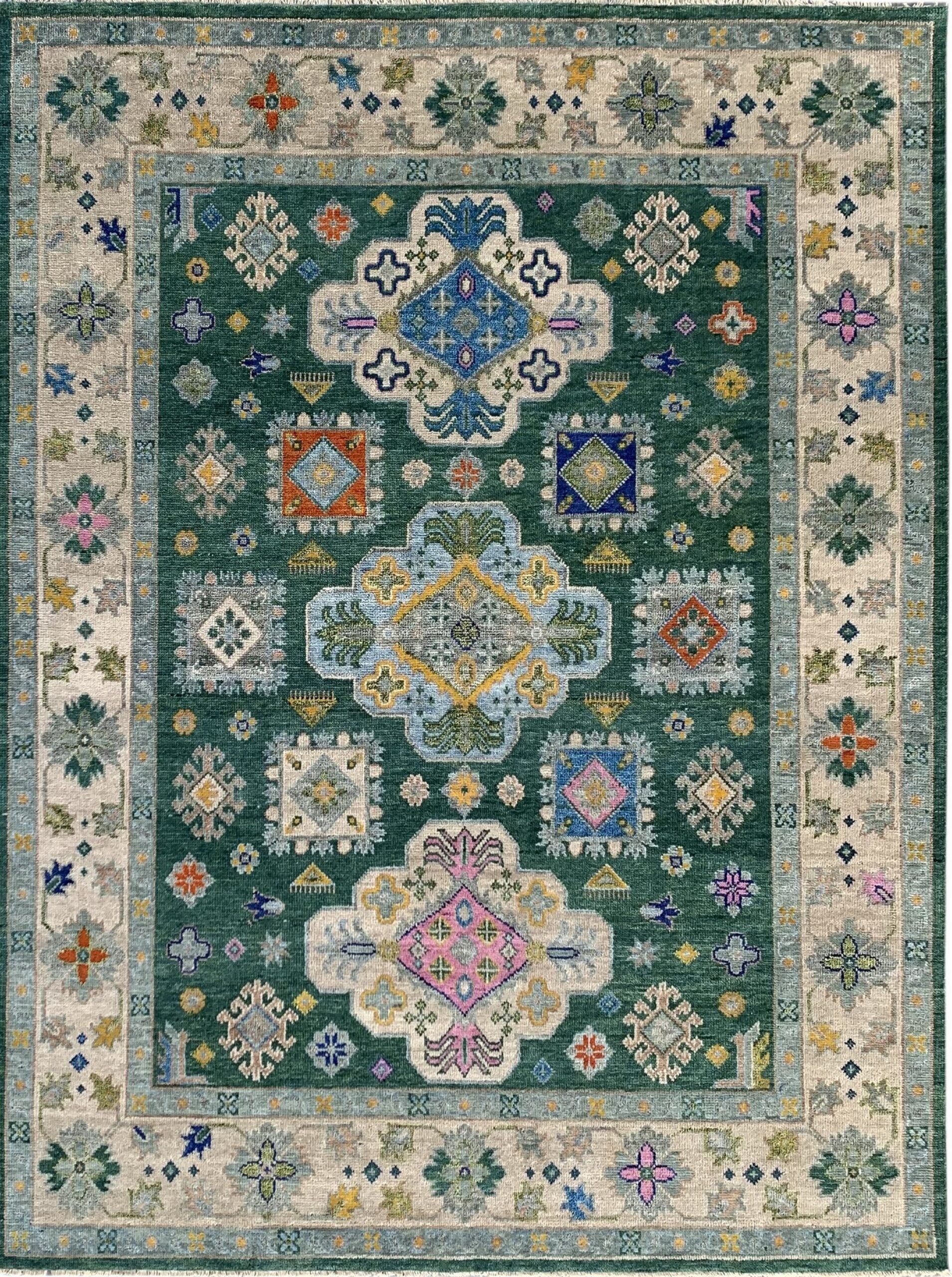 8x10 Isla Kazak Green Geometric Medallion Modern Hand Knotted Wool Carpet Rug