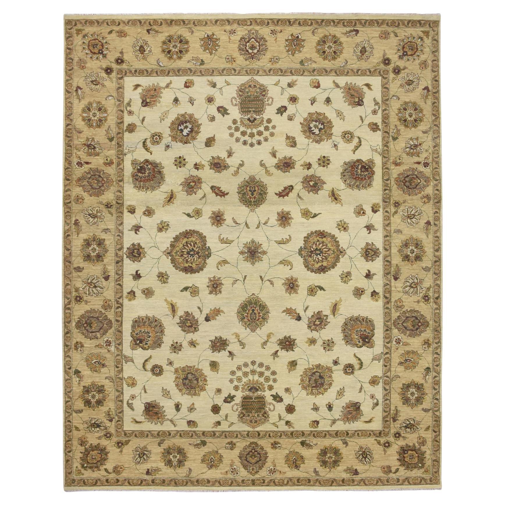 8'x10' Ivory Agra with Ziegler Design/One Leaf Pattern Tapis en pure laine noué à la main