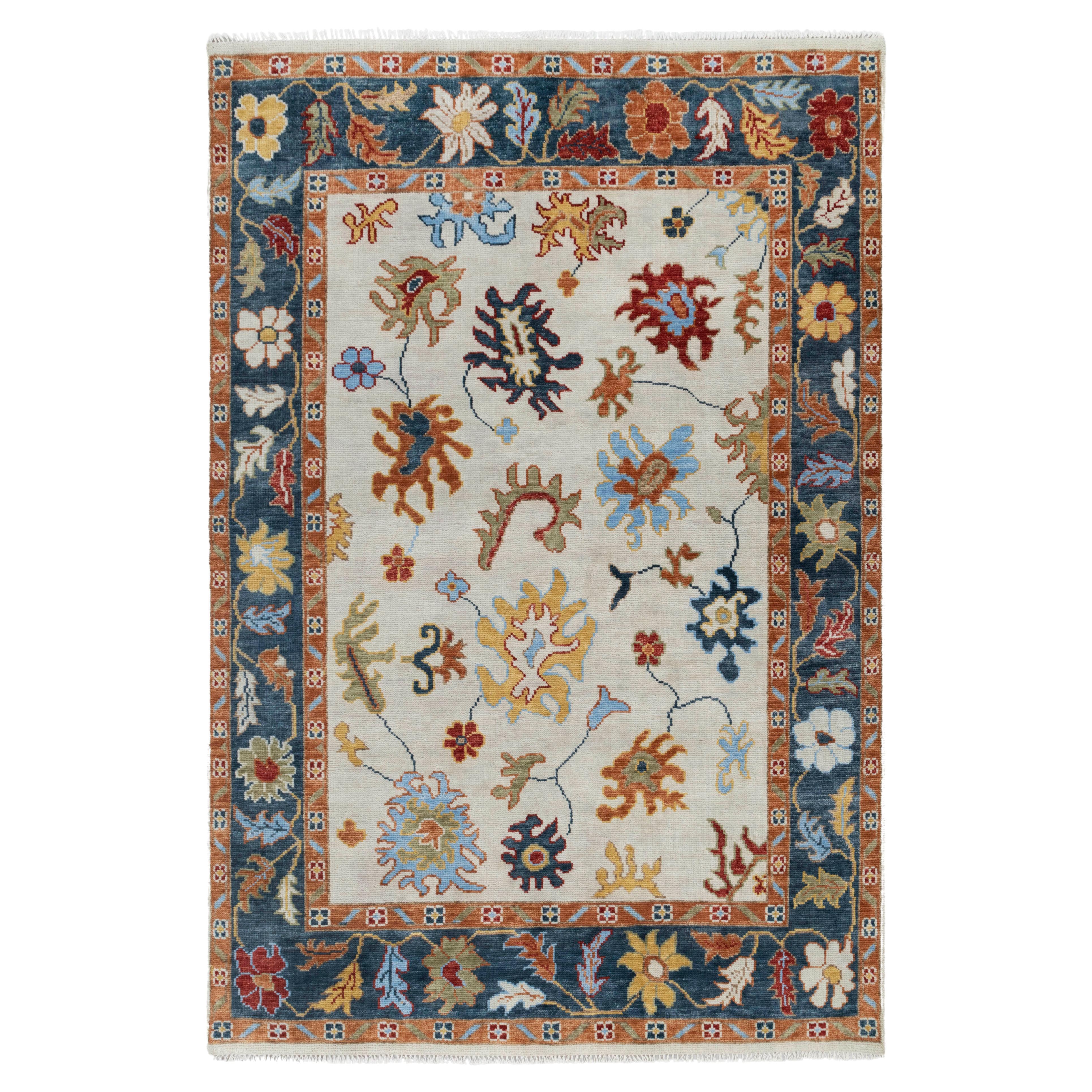 8x10 Ivory & Blue Modern Oushak Floral Hand-Knotted Wool Rug (4592)