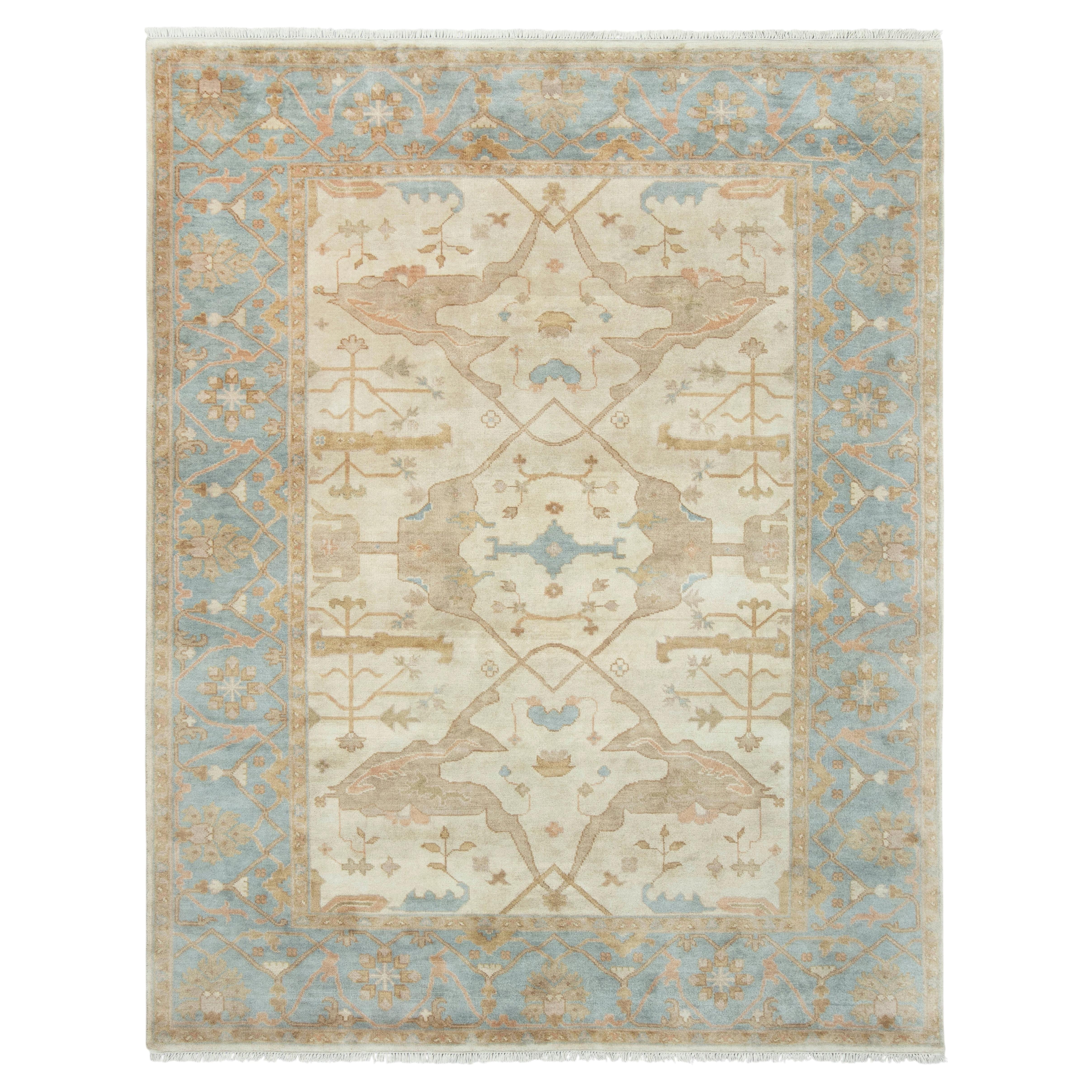 8x10 Ivory Blue Turkish Oushak Hand Knotted Wool Rug ( G - 13105 )