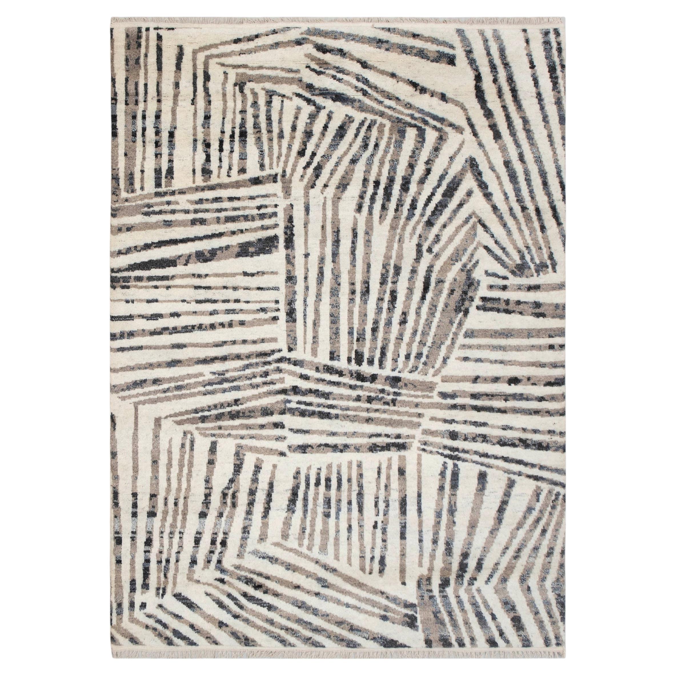 8x10 Ivory Gray Zigzag Pattern Moroccan Hand Knotted Wool Rug ( Mt - 35 )