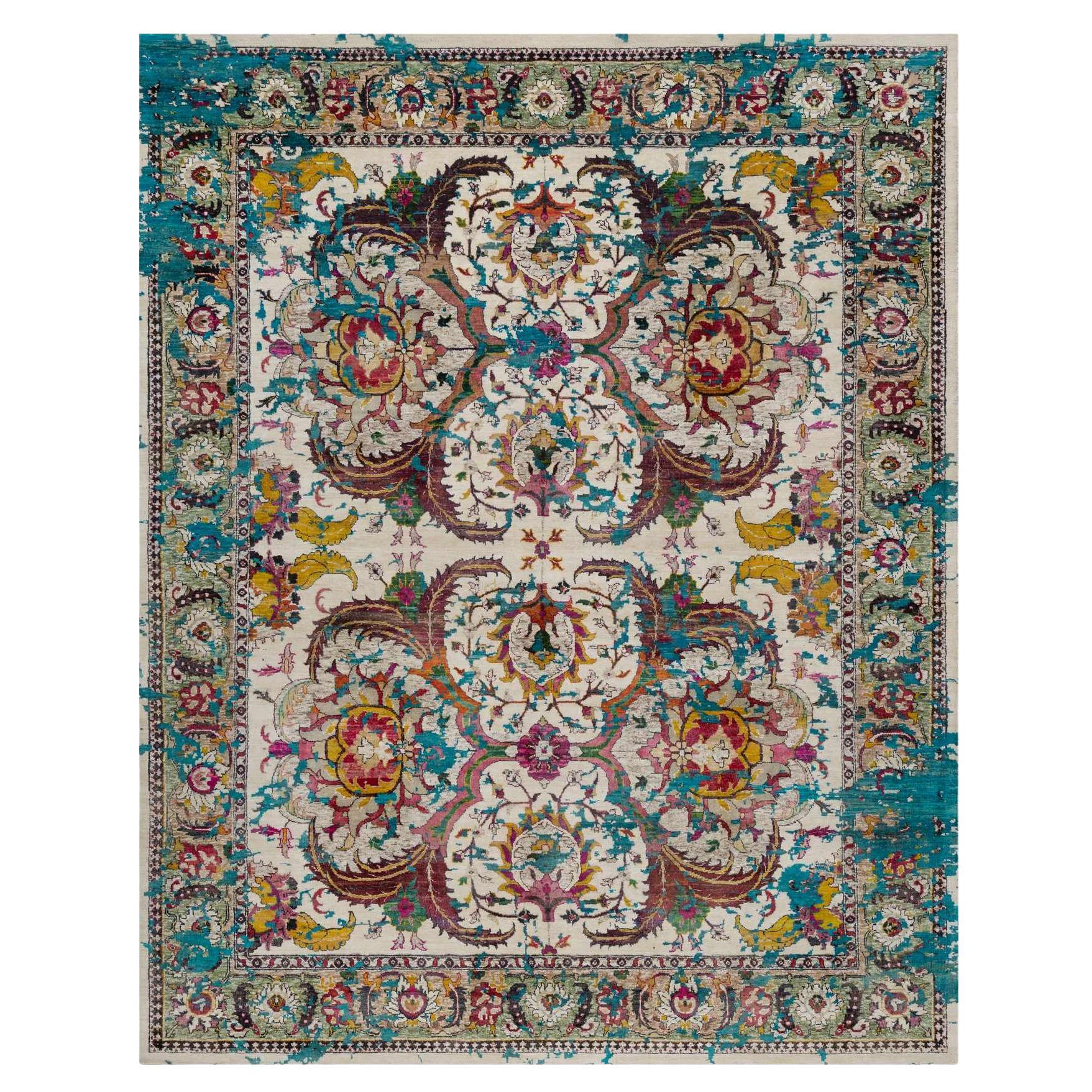 8
x10
 Ivory Hand Knotted Colorful Polonaise Broken Design Wool and Silk Rug For Sale