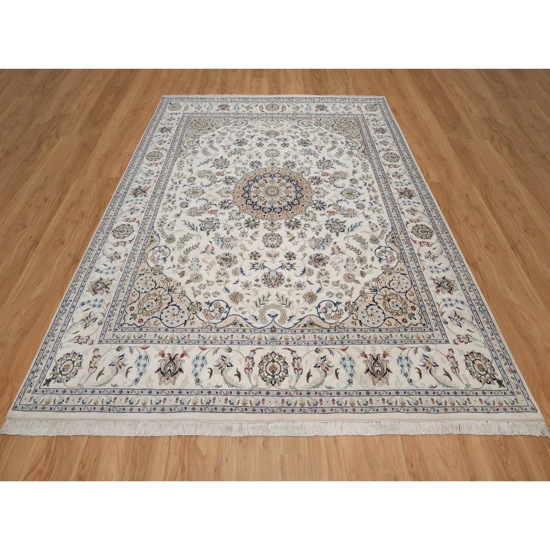 Pristine White, Hand Knotted, Nain with Flower Medallion Design, Wool and Silk, 250 KPSI, Soft Pile, Oriental Rug
Primary materials: Wool & Silk
Latex: No Pile 
height: 0.25 Inches
Style: Traditional
Primary color: Ivory
Secondary colors: Light