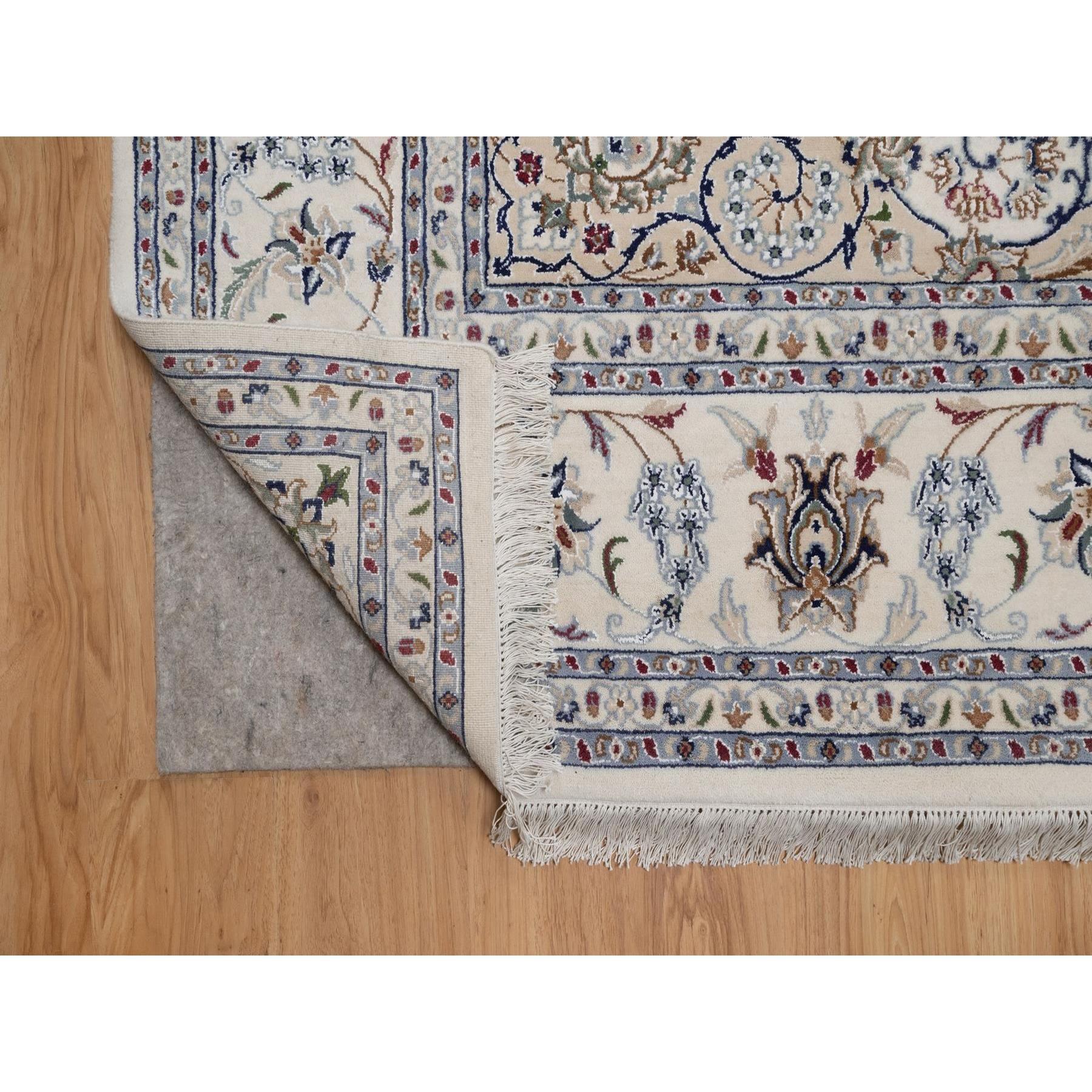 Hand-Knotted 8'x10' Ivory Hand Knotted Nain with Flower Medallion Design Wool and Silk Rug For Sale
