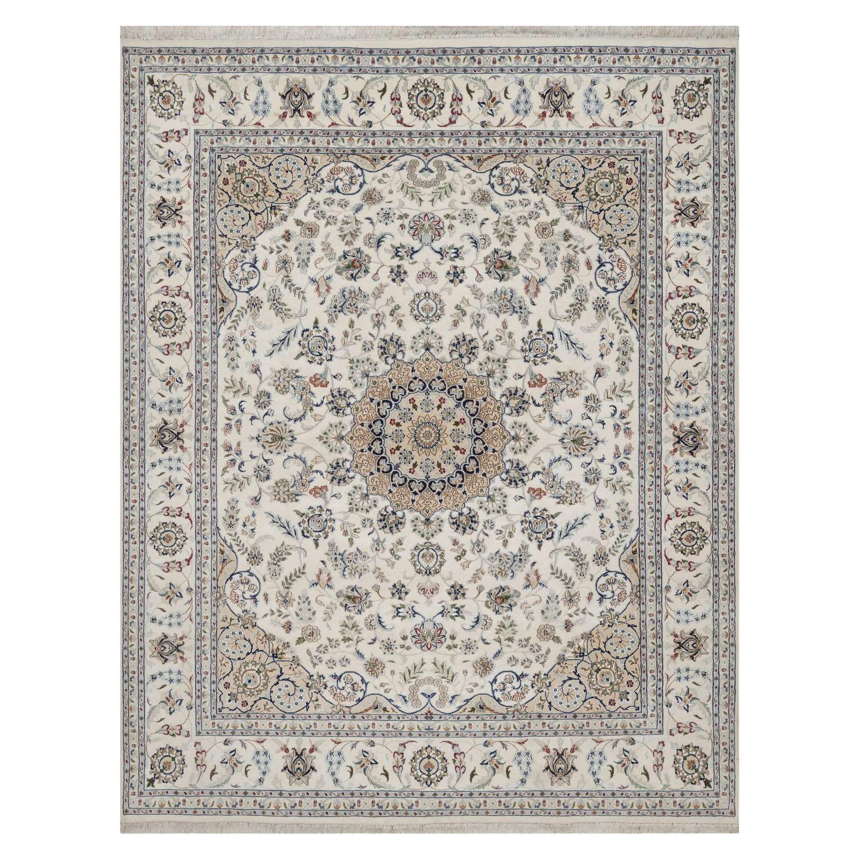 8
x10
Elfenbein handgeknüpft Nain mit Blumen Medaillon Design Wolle und Seide Teppich
