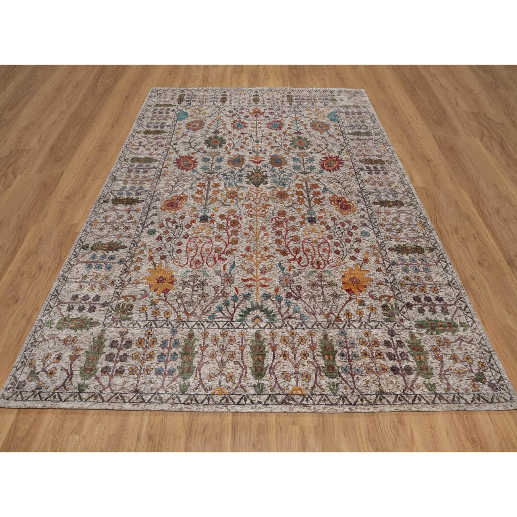 Pearl White, Hand Knotted, Directional Vase Design, Silk with Textured Wool, Oriental Rug
Primary materials: Wool & Silk
Latex: No Pile 
height: 0.25 Inches
Style: Transitional
Primary color: Ivory
Secondary colors: Red, Orange, Blue, Brown,