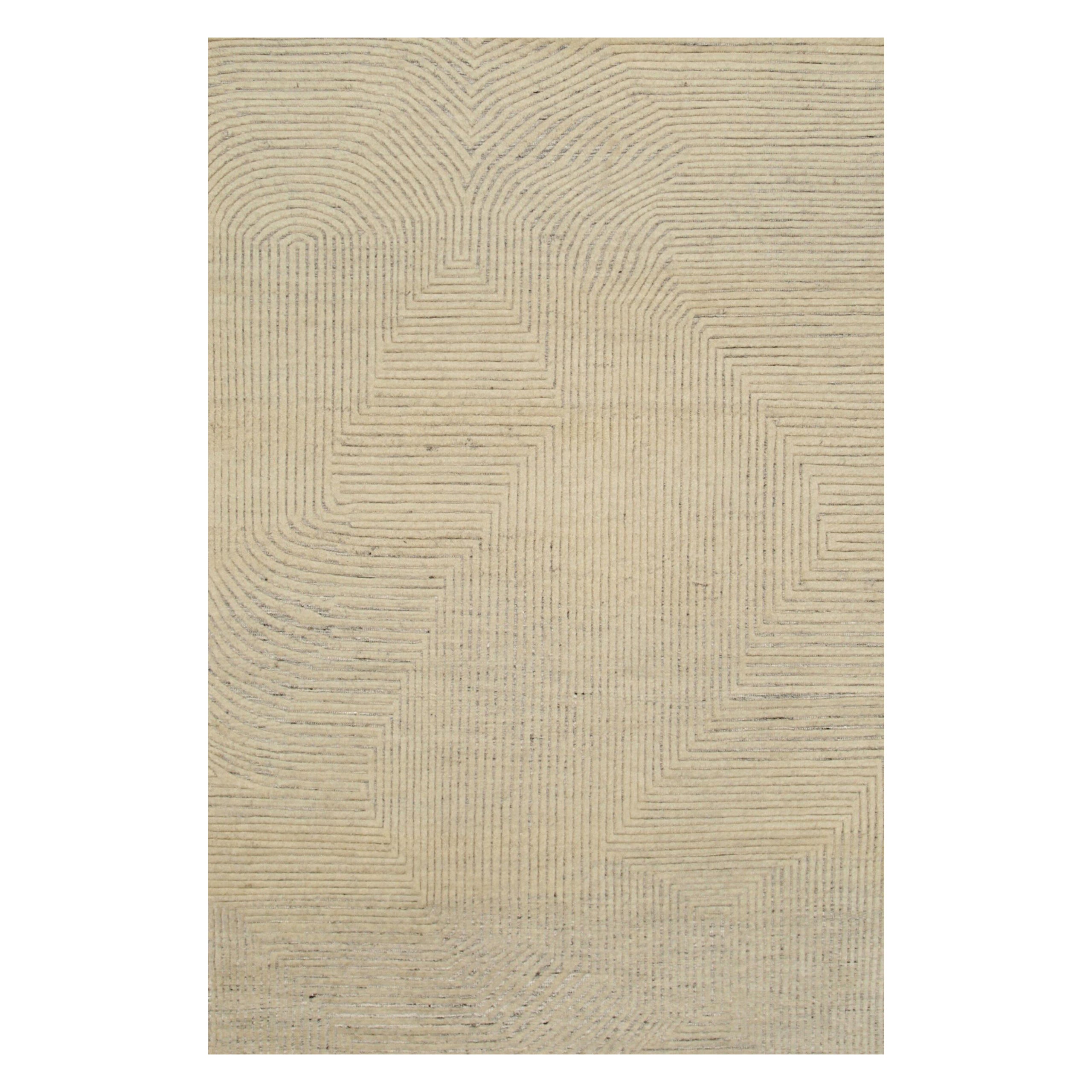 8x10 Ivory Hand-Knotted Wool Linear Maze Geometric Modern Carpet Rug For Sale