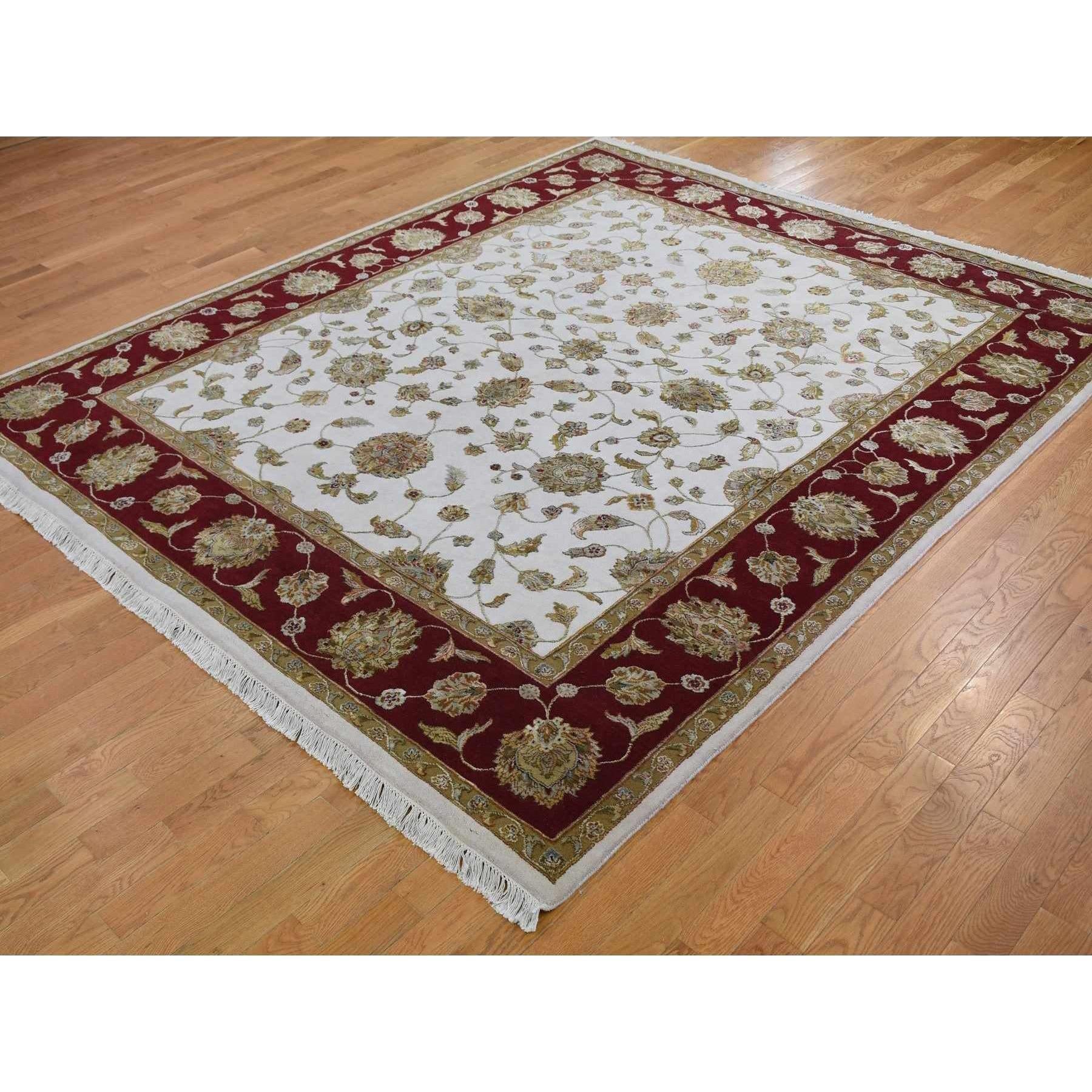Indian 8'x10' Ivory Hand Knotted Wool & Silk Rajasthan Thick and Plush Oriental Rug For Sale