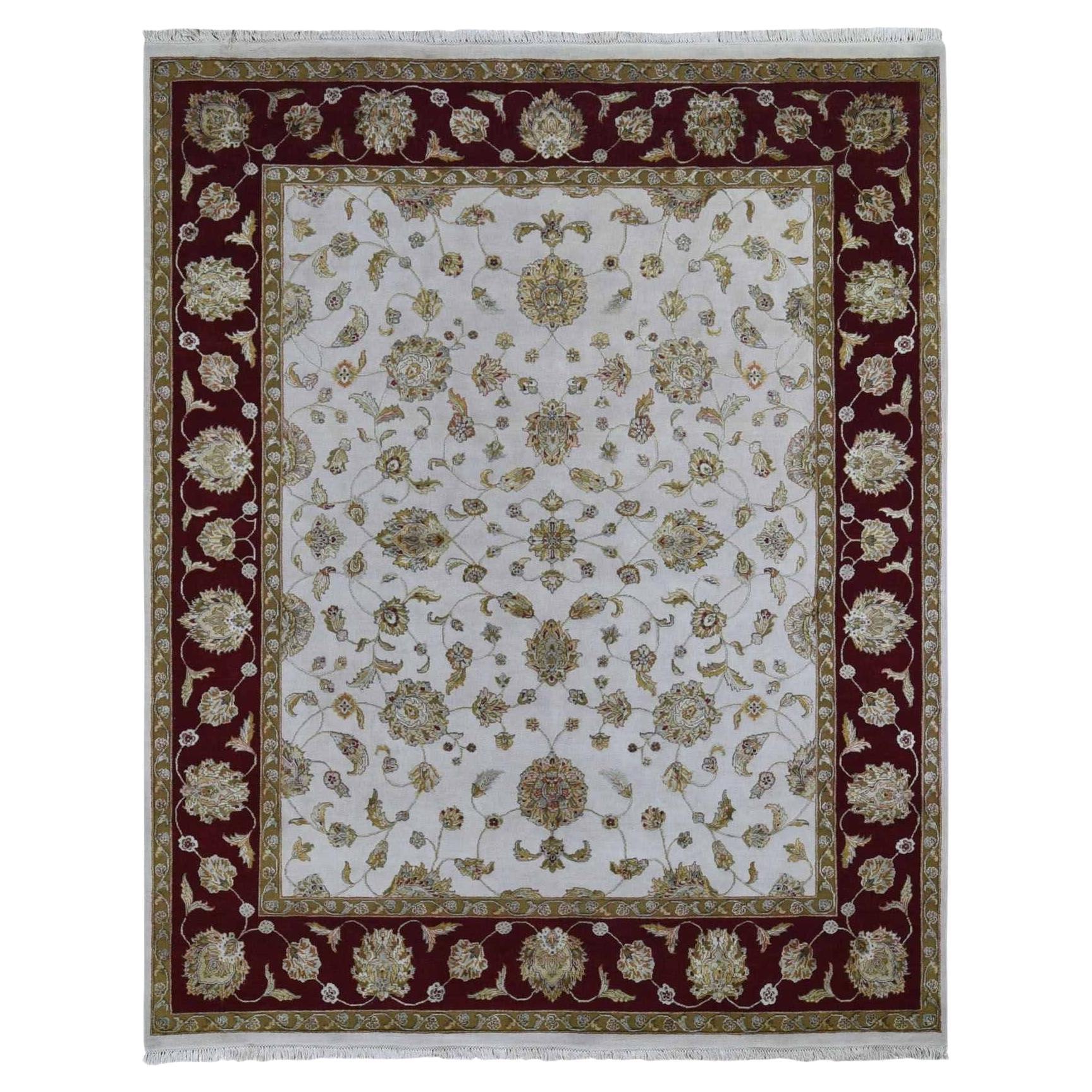 8'x10' Ivory Hand Knotted Wool & Silk Rajasthan Thick and Plush Oriental Rug For Sale