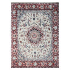 8x10 Ivory Hand-Knotted Wool Silk Rosette Centerpiece Traditional Carpet Rug