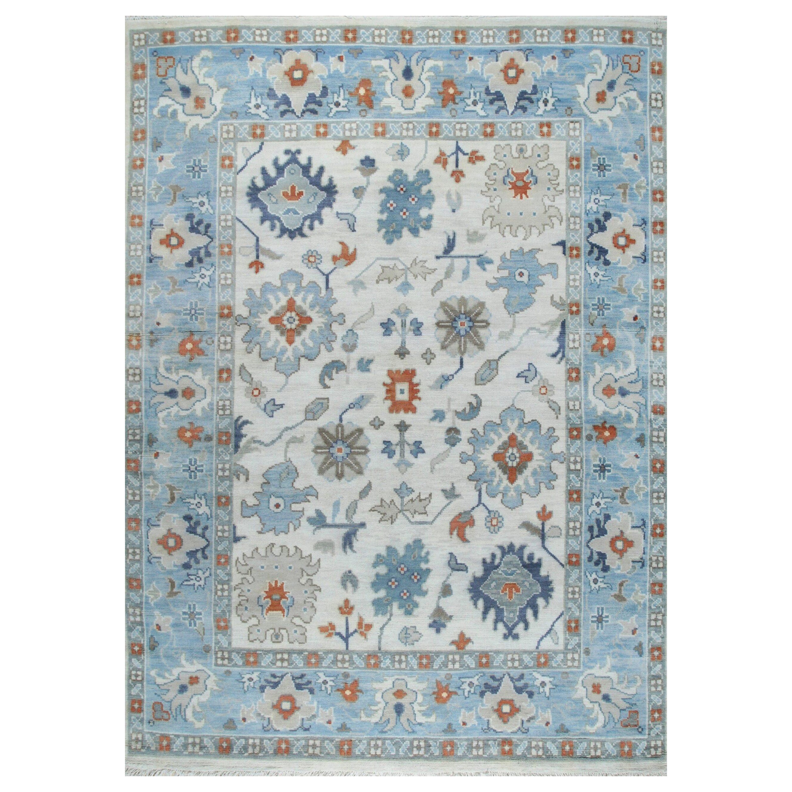 8x10 Ivory Hand-Knotted Wool Sky Blue Border Classic Traditional Carpet Rug