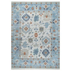 8x10 Ivory Hand-Knotted Wool Sky Blue Border Classic Traditional Carpet Rug