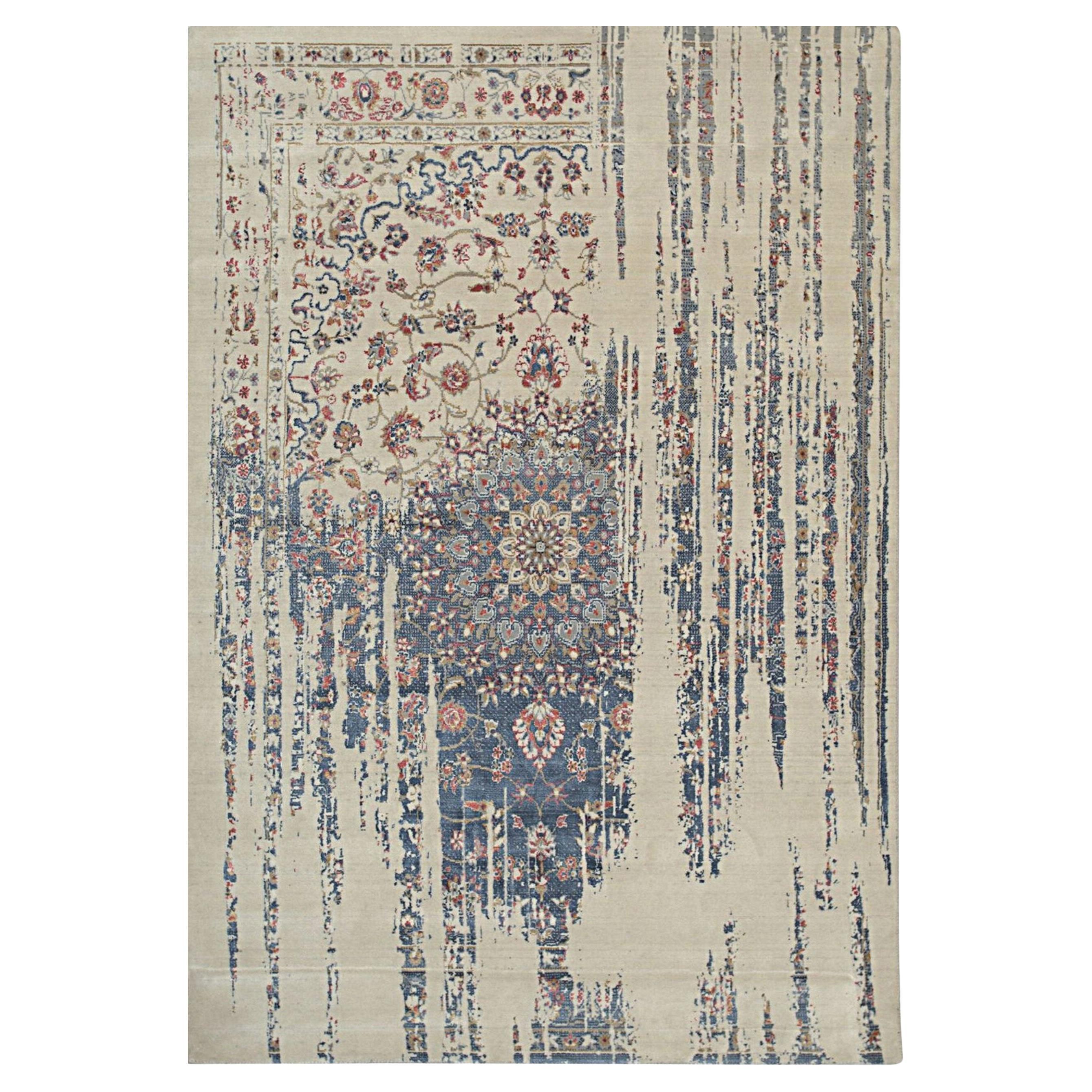 8x10 Ivory Machine Made Wool Viscose Distressed Floral Cascade Geometric Carpet For Sale