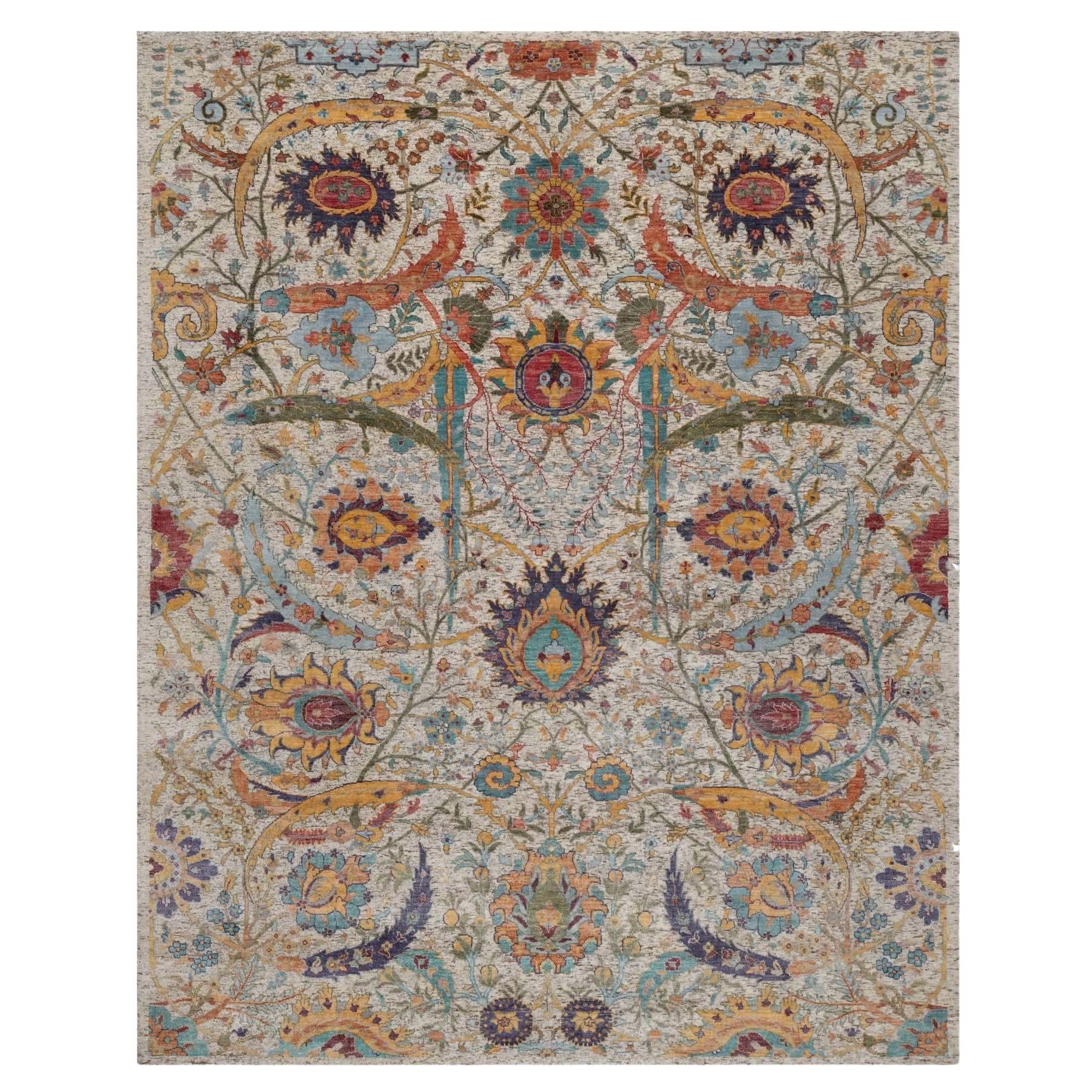 8
x10
Elfenbeinfarbene Seide mit strukturierter Wolle Sichelblatt Design Handgeknüpfter Teppich