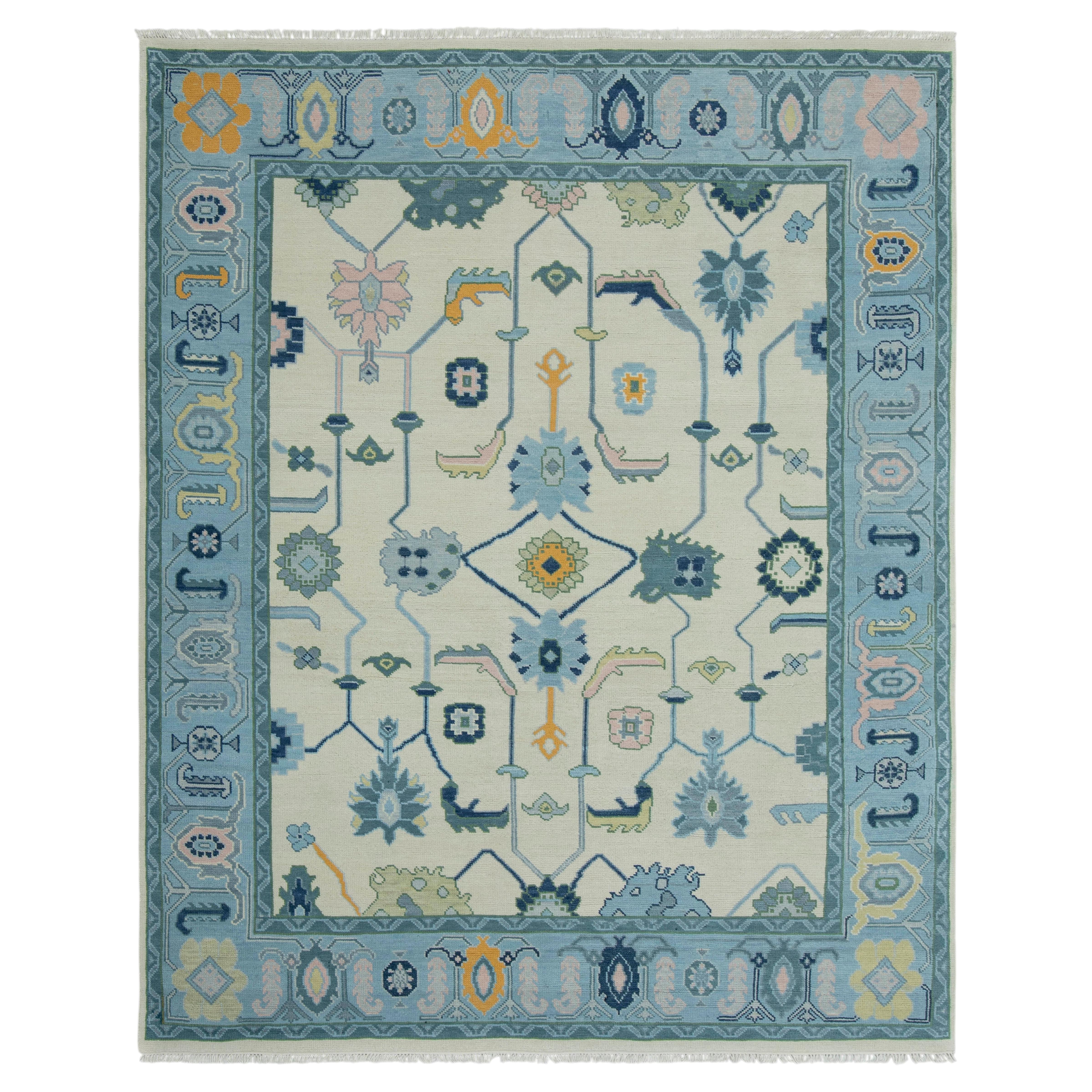 8x10 Ivory Teal Bordered Hand Knotted Oushak Wool Rug ( JC-6822) For Sale