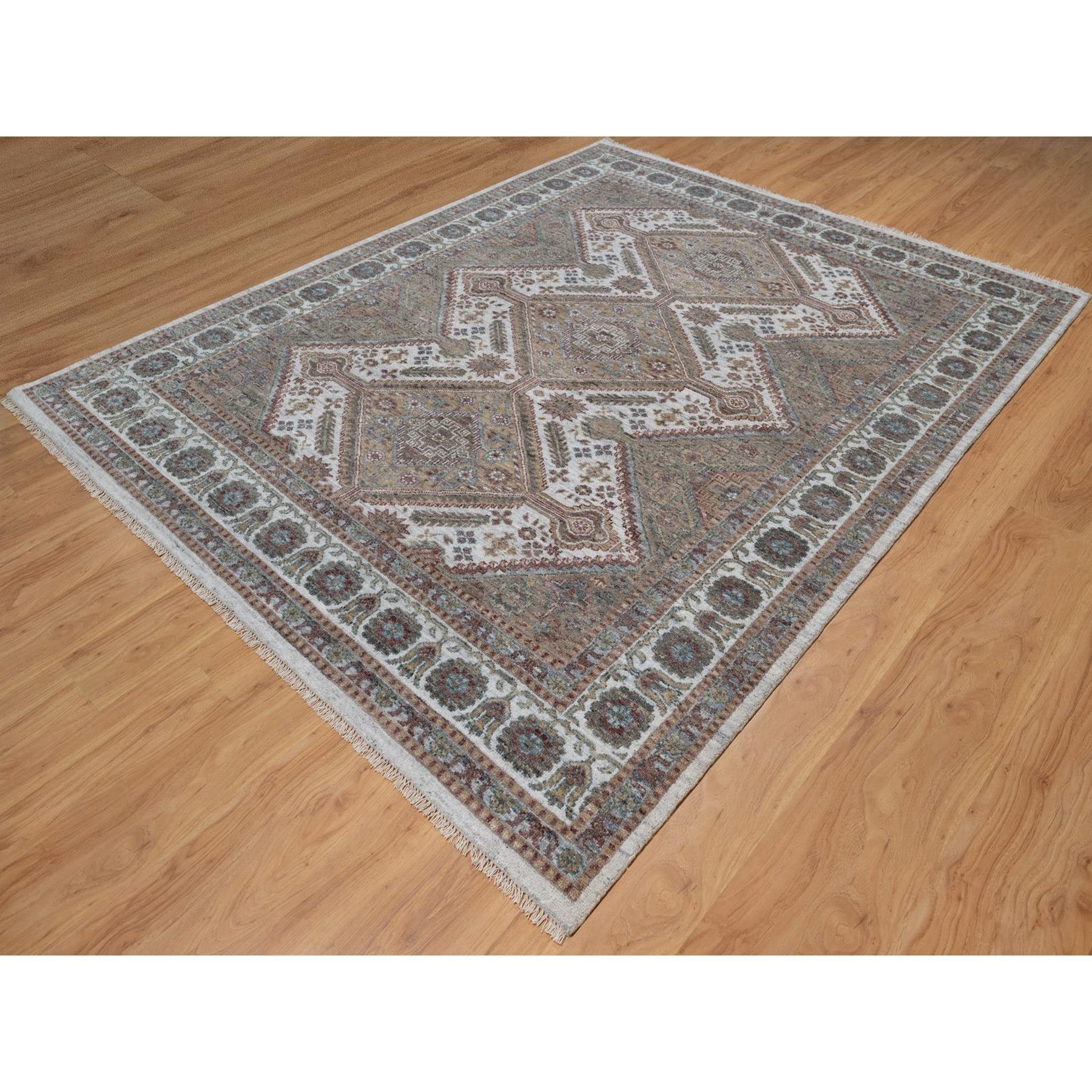 Tribal 8'x10' Ivoire Unique Flower Rosettes Border Design Hand Knots Rugs Pure Wool en vente