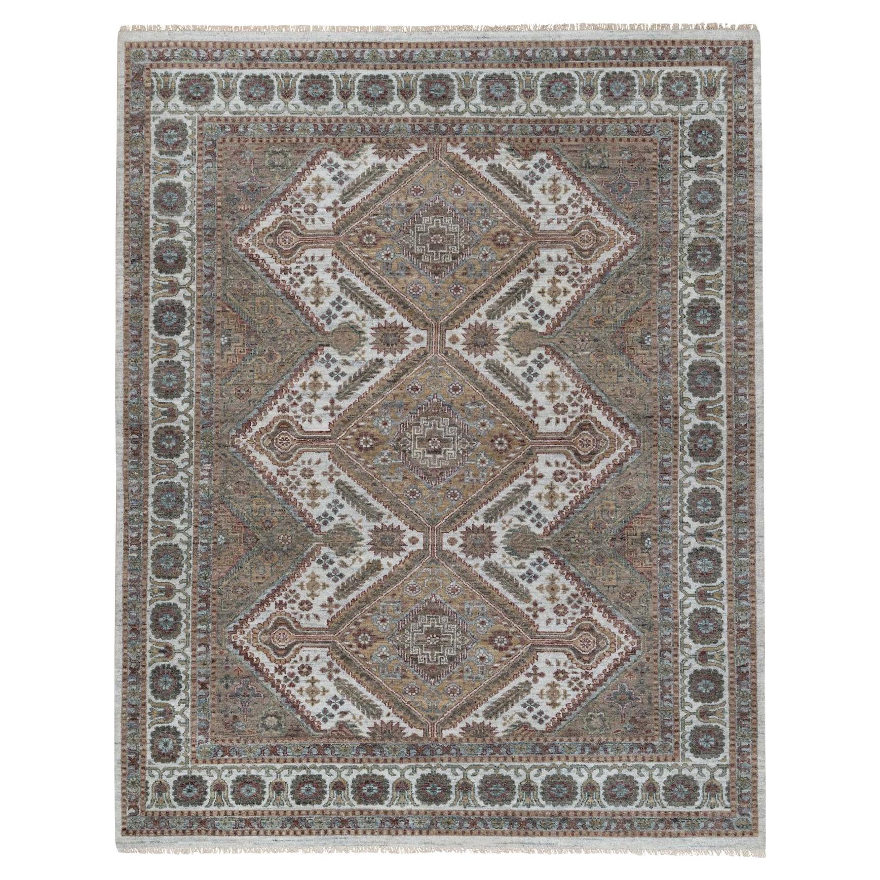 8'x10' Ivory Unique Flower Rosettes Border Design Hand Knotted Pure Wool Rug