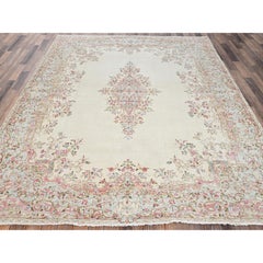 Tappeto vintage zoroastriano Karman in pura lana, annodato a mano, con pelo rasato, 8'x10', color avorio