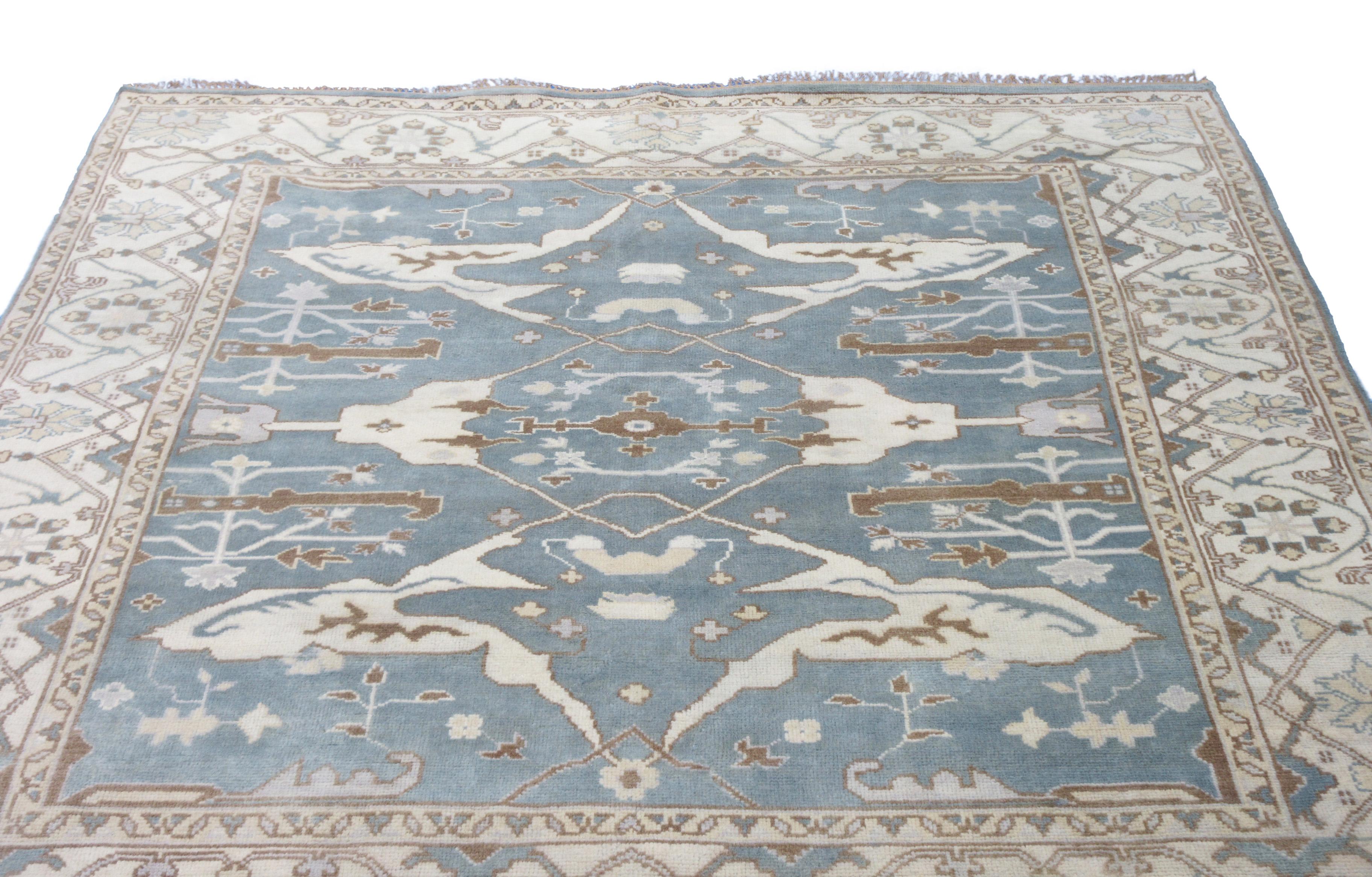 Hand-Knotted Light-Blue Oushak For Sale