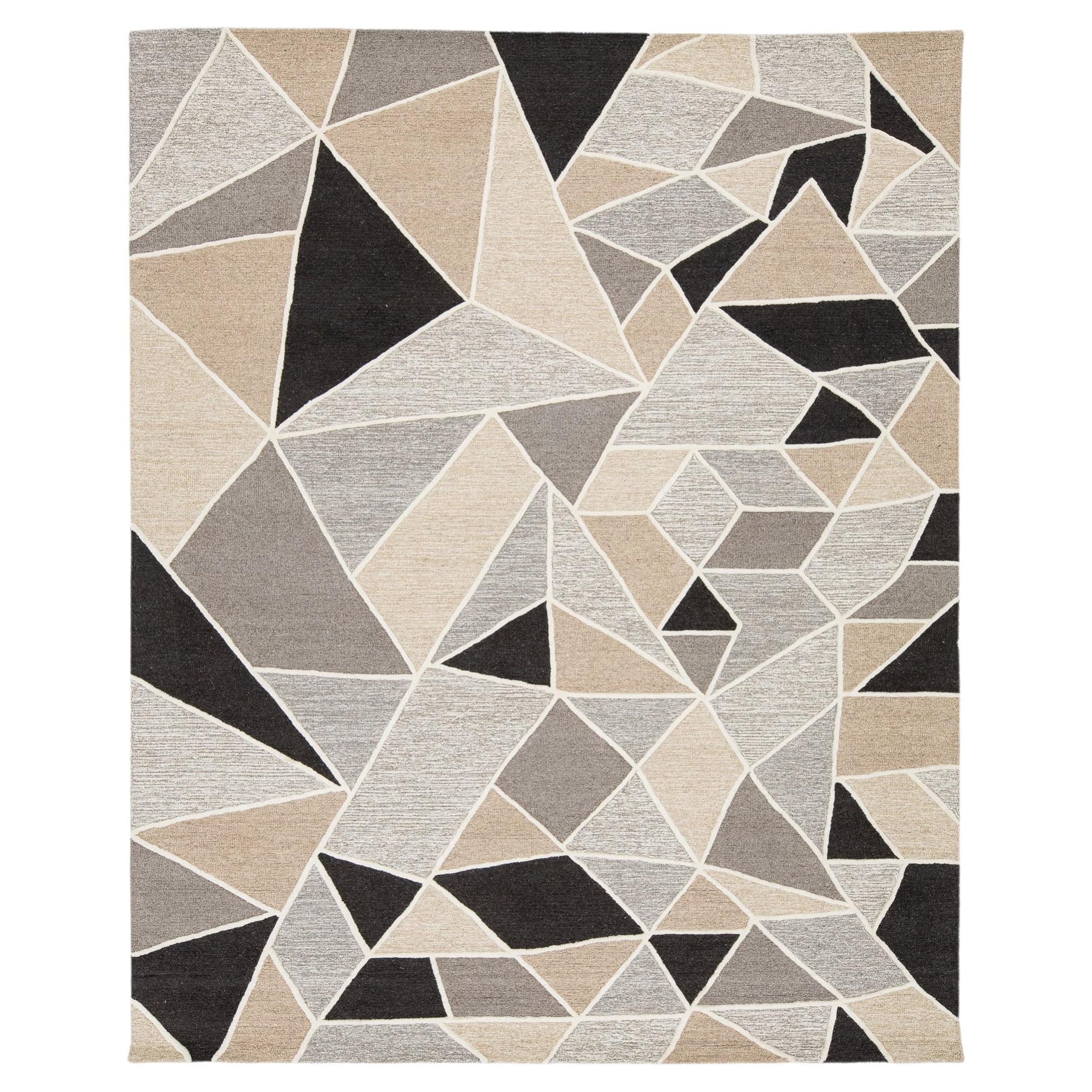 8x10 Modern Geometric Hand-Tufted Wool Rug Abstract Mosaic Neutral Area Rug