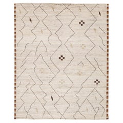 8x10 Modern Moroccan Tribal Wool Rug – Minimalist Cream & Earth Tone Geometric