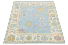 8x10 Modern Oushak Style Hand-Knotted Wool Rug - Pastel Blue & Cream Floral
