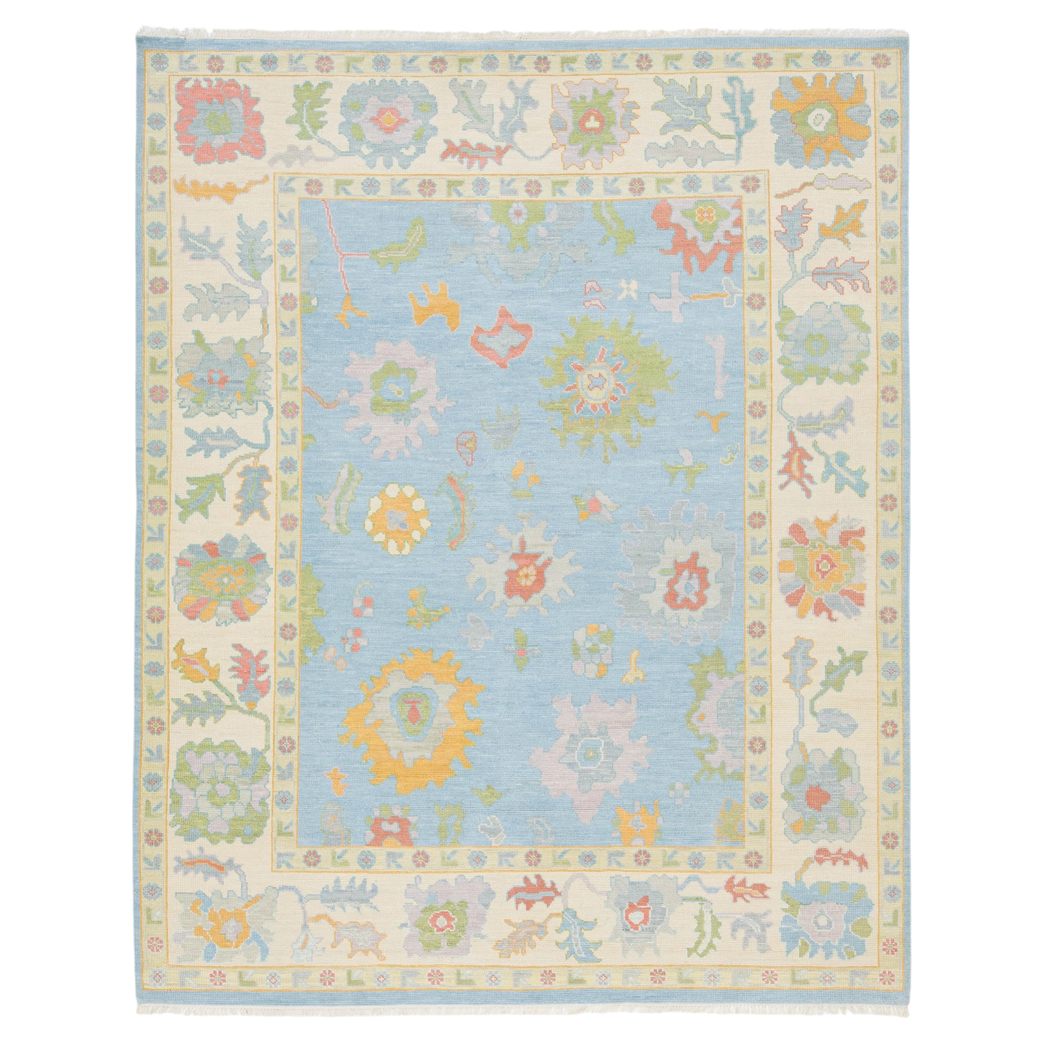 8x10 Modern Oushak Style Hand-Knotted Wool Rug - Pastel Blue & Cream Floral For Sale