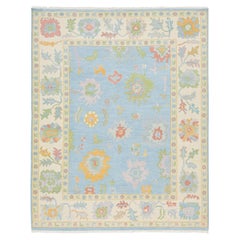 8x10 Modern Oushak Style Hand-Knotted Wool Rug - Pastel Blue & Cream Floral