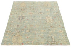8x10 Modern Sage Green Oushak Style Hand-Knotted Wool Area Rug - Pastel Floral
