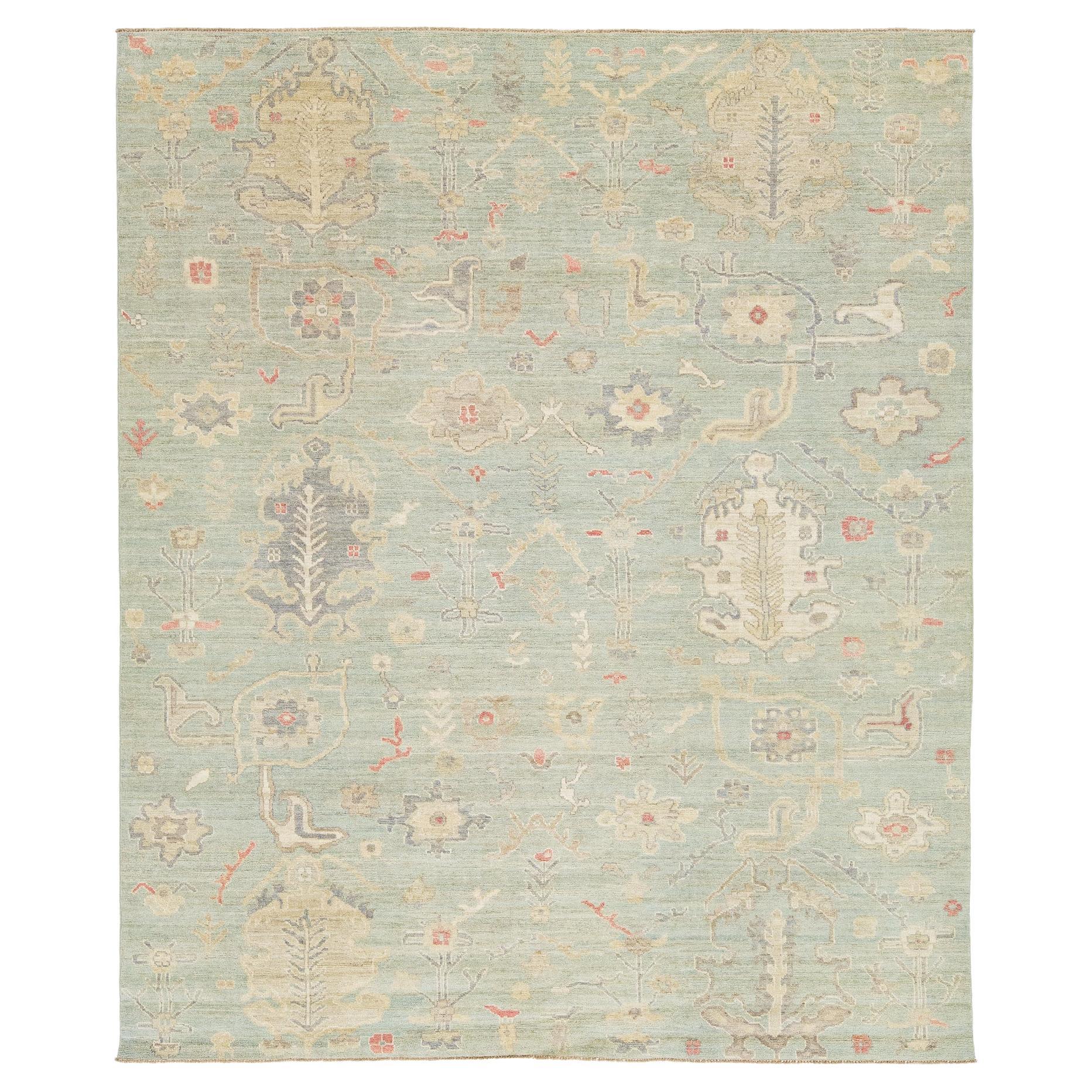 8x10 Modern Sage Green Oushak Style Hand-Knotted Wool Area Rug - Pastel Floral