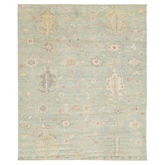 8x10 Modern Sage Green Oushak Style Hand-Knotted Wool Area Rug - Pastel Floral