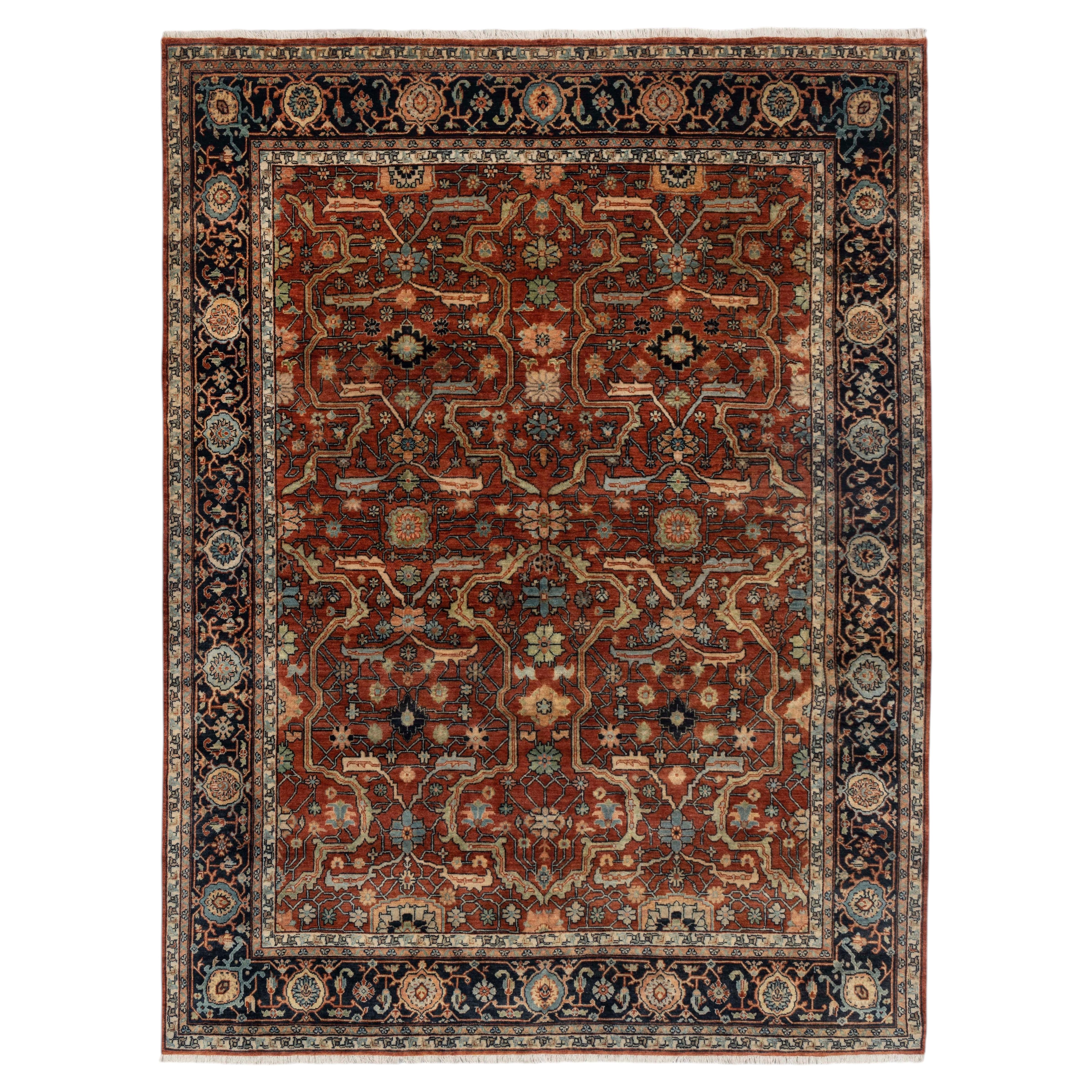 8x10 Navy Rust Persian Hand Knotted Wool Rug ( P-2779) For Sale