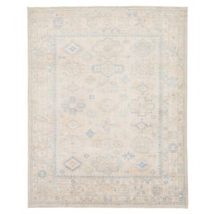 8x10 Neutral Elegance Tapis en laine de Peshawar noué à la main - Bleu ciel et ivoire nuancés