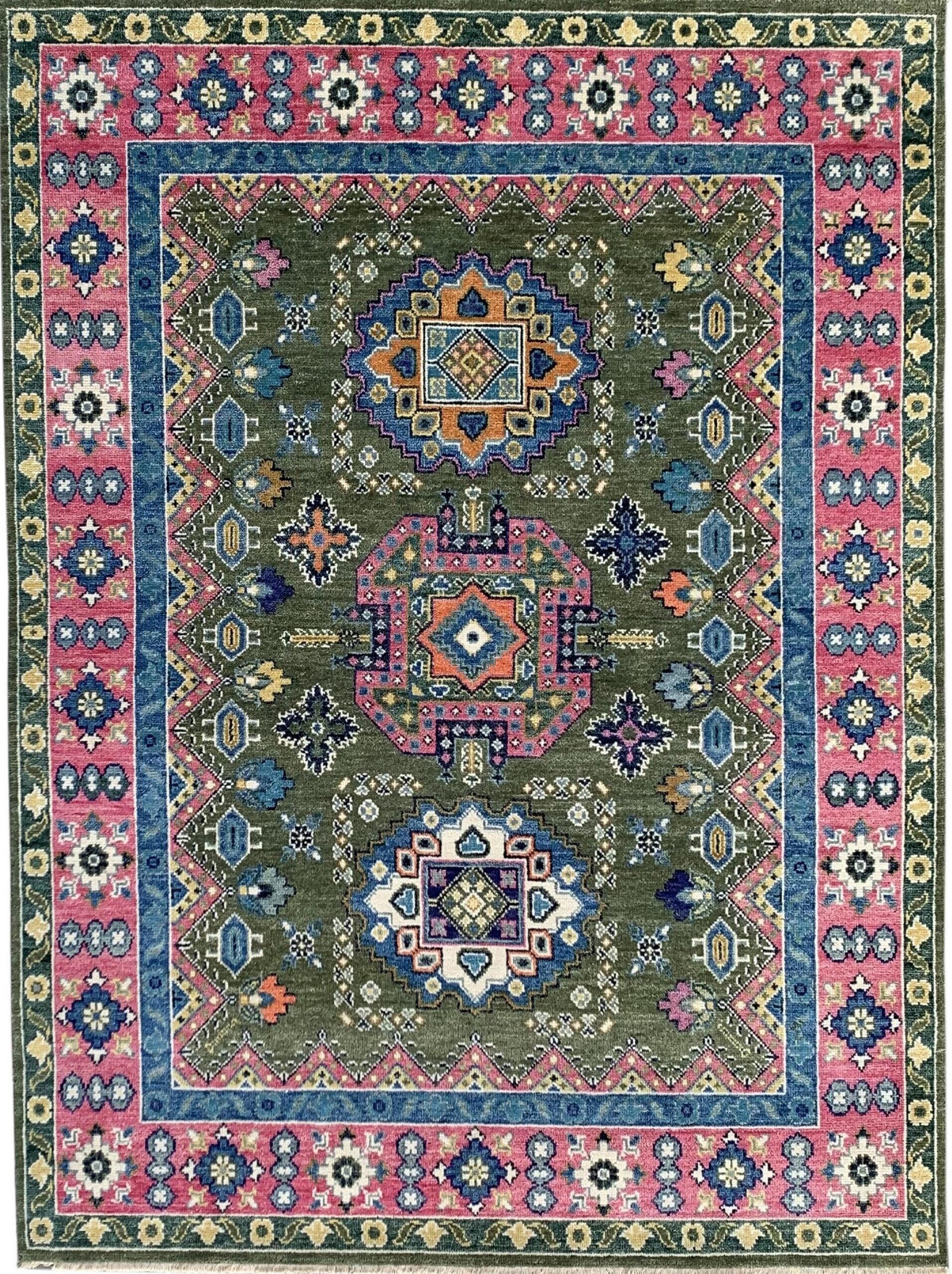 8x10 Penelope Kazak Green Geometric Modern Hand Knotted Wool Carpet Rug