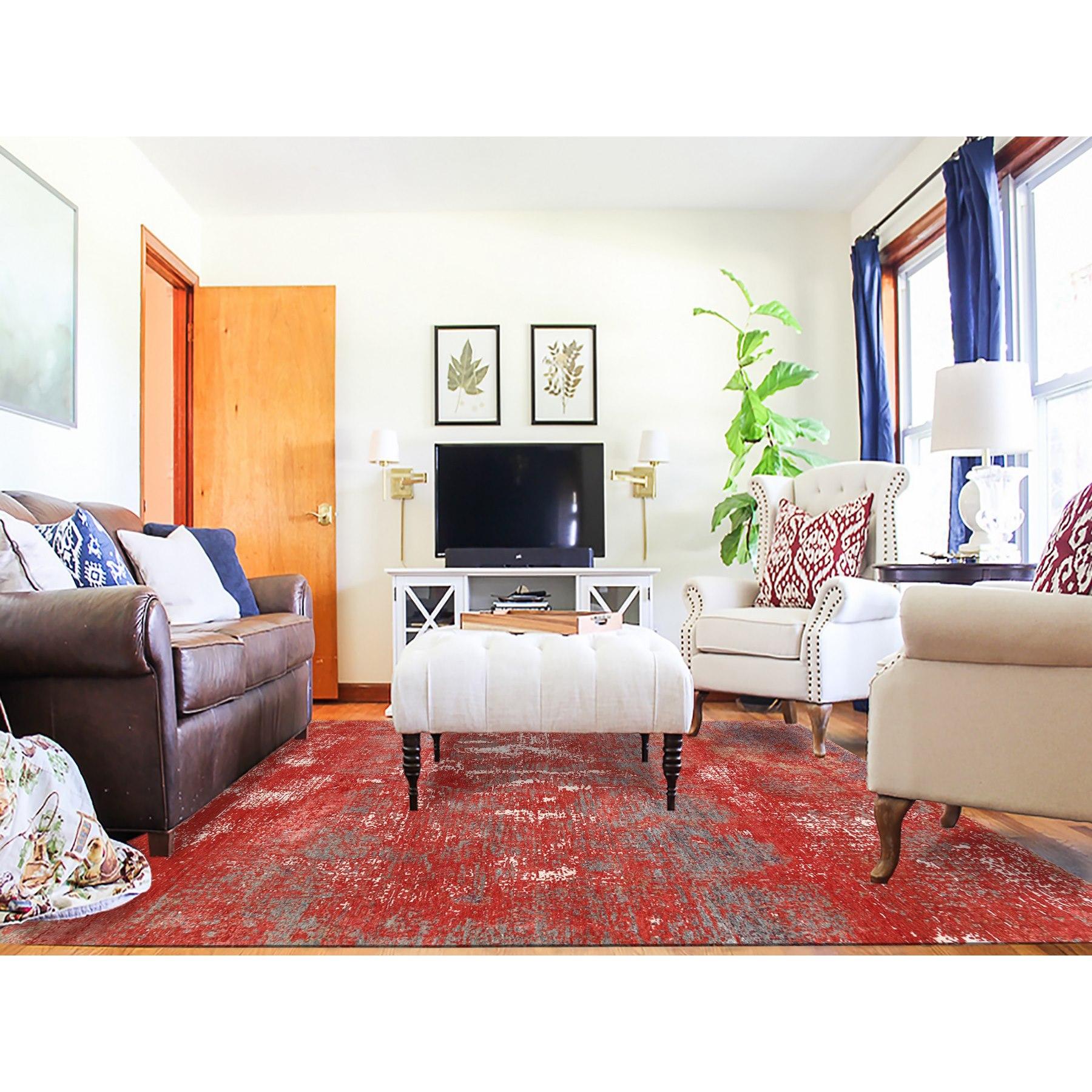 This is a truly genuine one-of-a-kind Red, Modern Design, Nepale Weave, Wool and Plant Based Silk, Hand Knotted, Oriental Rug. It has been Knotted for months and months in the centuries-old weaving craftsmanship techniques by expert