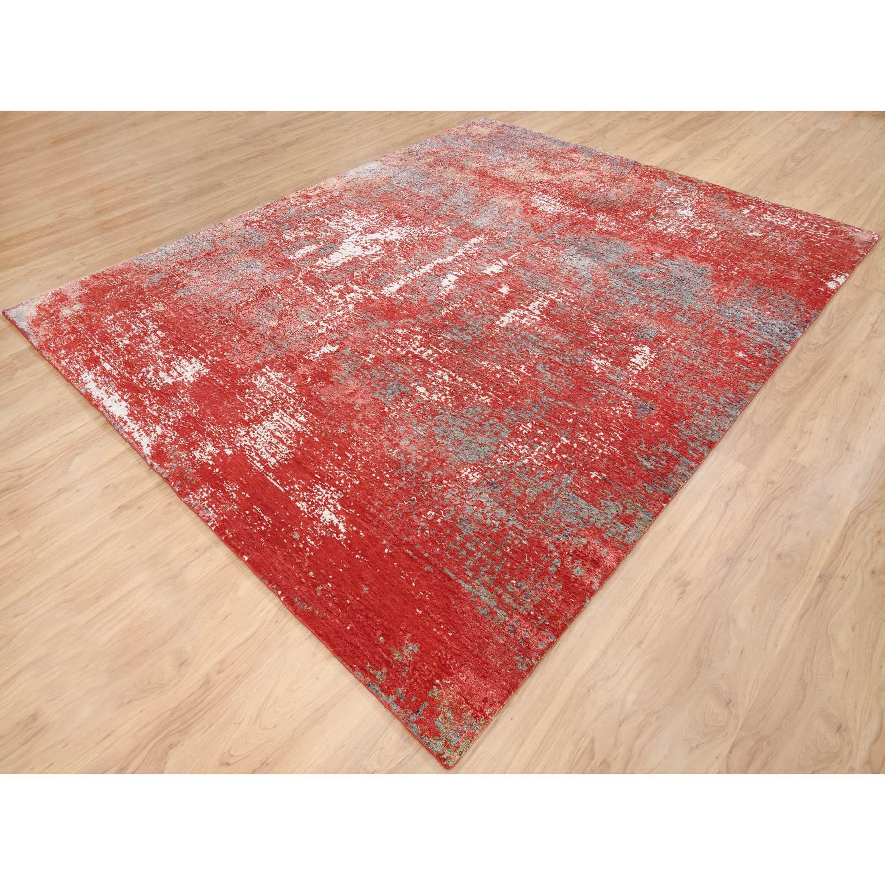 Hand-Knotted 8'x10' Red Modern Design Nepale Weave Wool and Silk Hand Knotted Rug For Sale