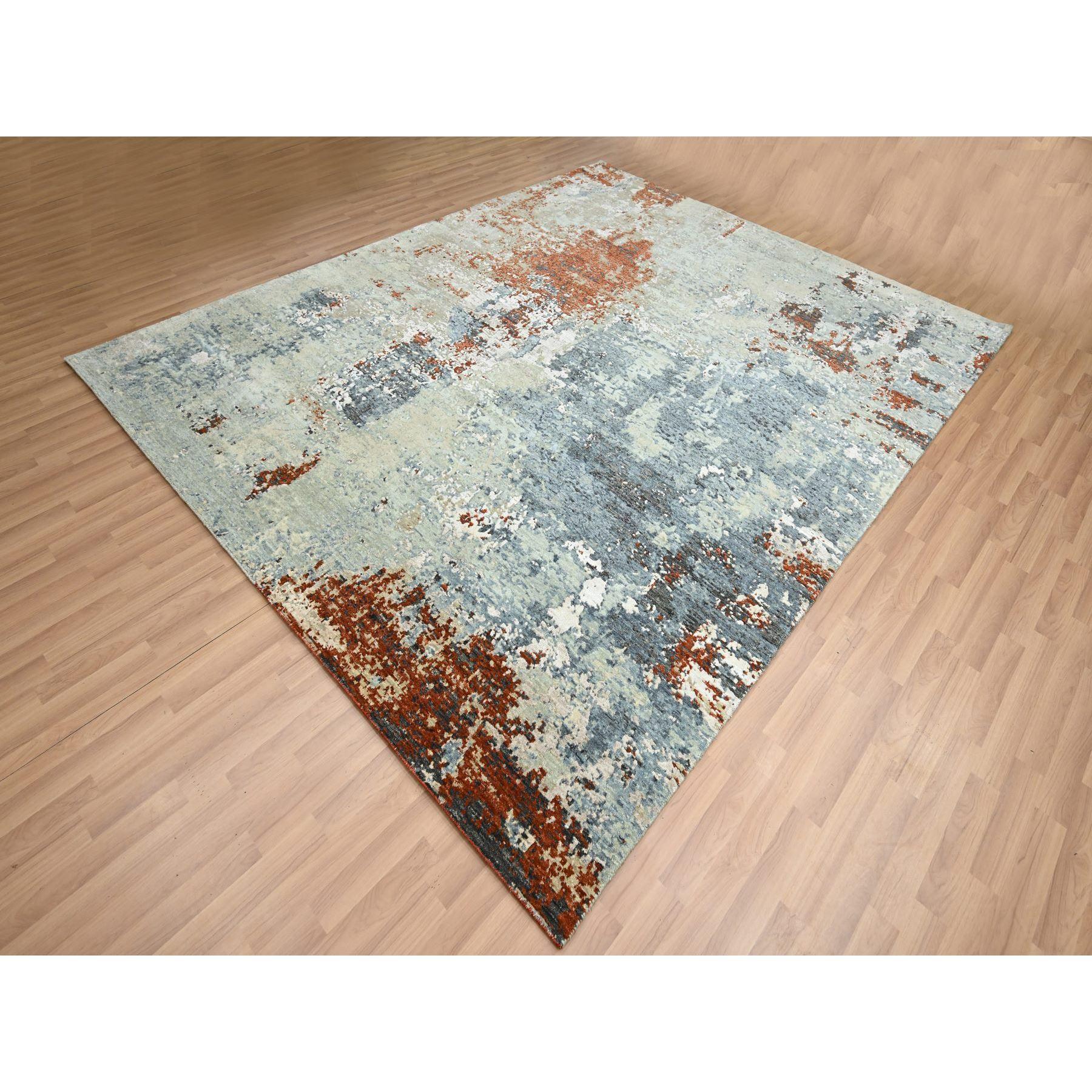 Moderno 8'x10' Rust Red Abstract Galaxy Design Persian Knot All Wool Hand Knotted Rugs (Tappeto di lana annodato a mano) in vendita
