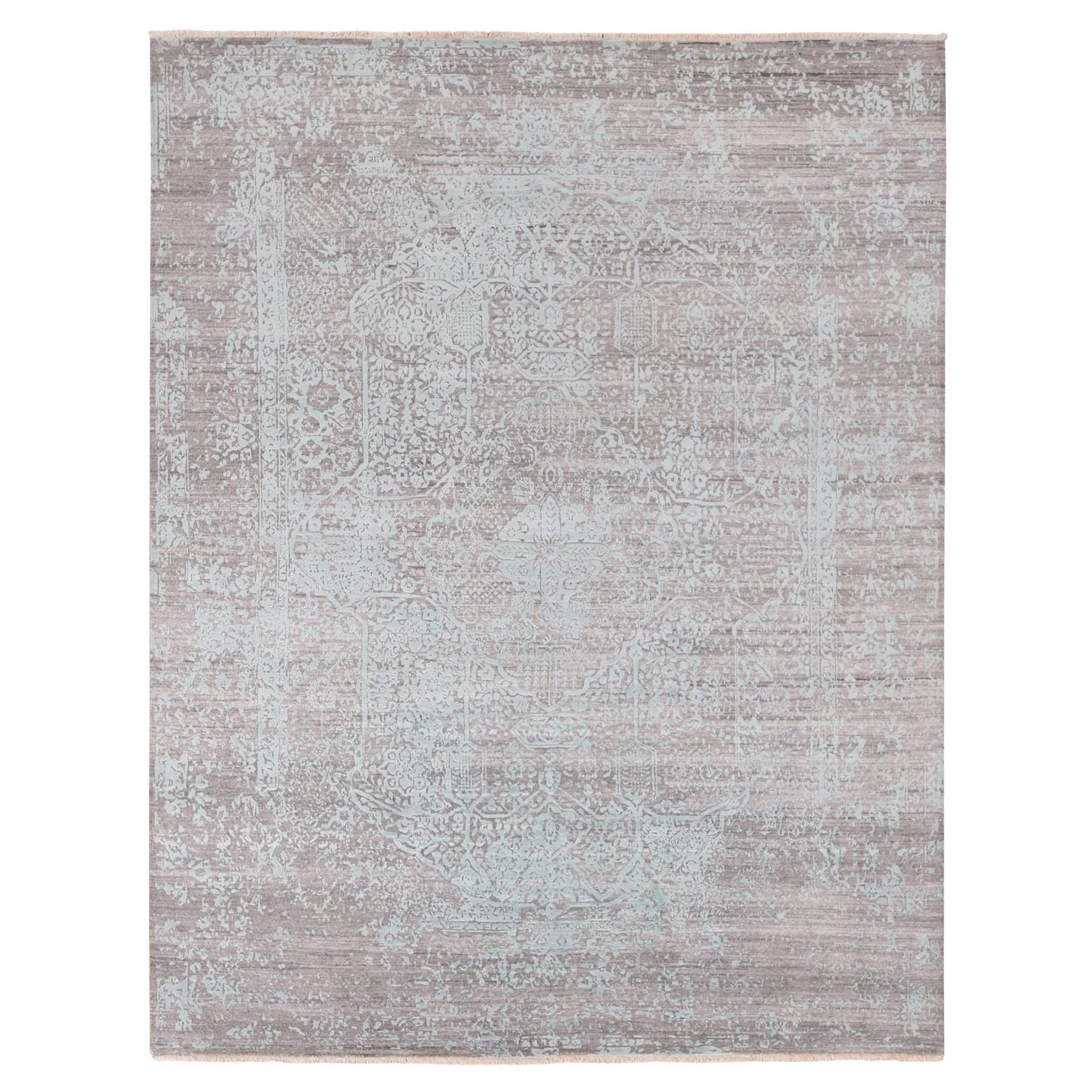 8'x10' Sea Foam Green Wool and Silk Hand Knotted Broken Persian Design Rug