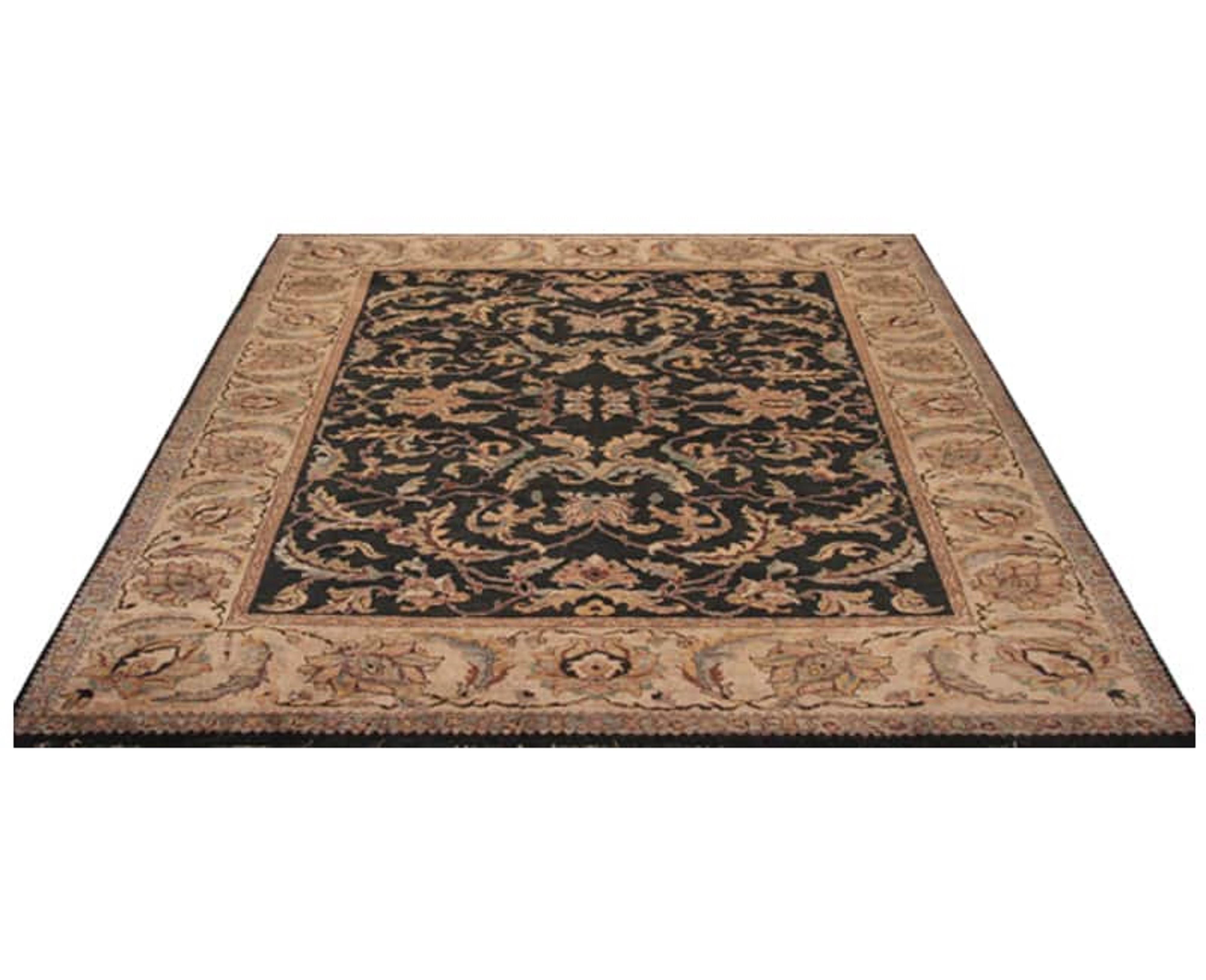 Traditional handwoven Indian Agra rug recreation – traditional handwoven Indian Agra rug featuring an elegant all-over stylized floral design rendered in a plush field of charcoal surrounded by a beautiful beige-colored border featuring a similarly