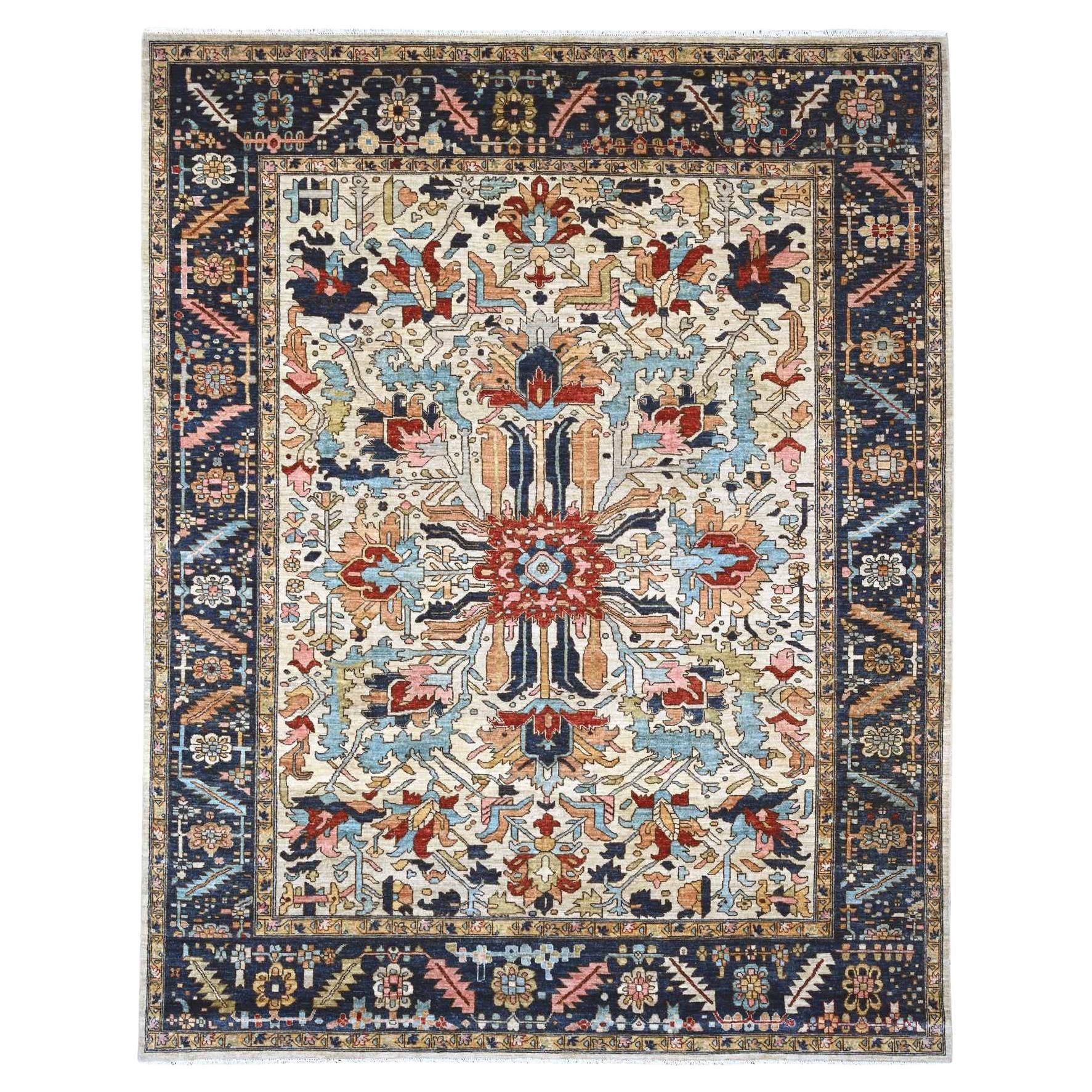 8'x10' Bianco Peshawar Serapi Heriz All Over Design Tappeto annodato a mano in pura lana