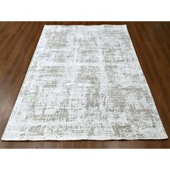 8'x10' White with Brown Modern Design Hand Loomed Wool and Silk Oriental Rug