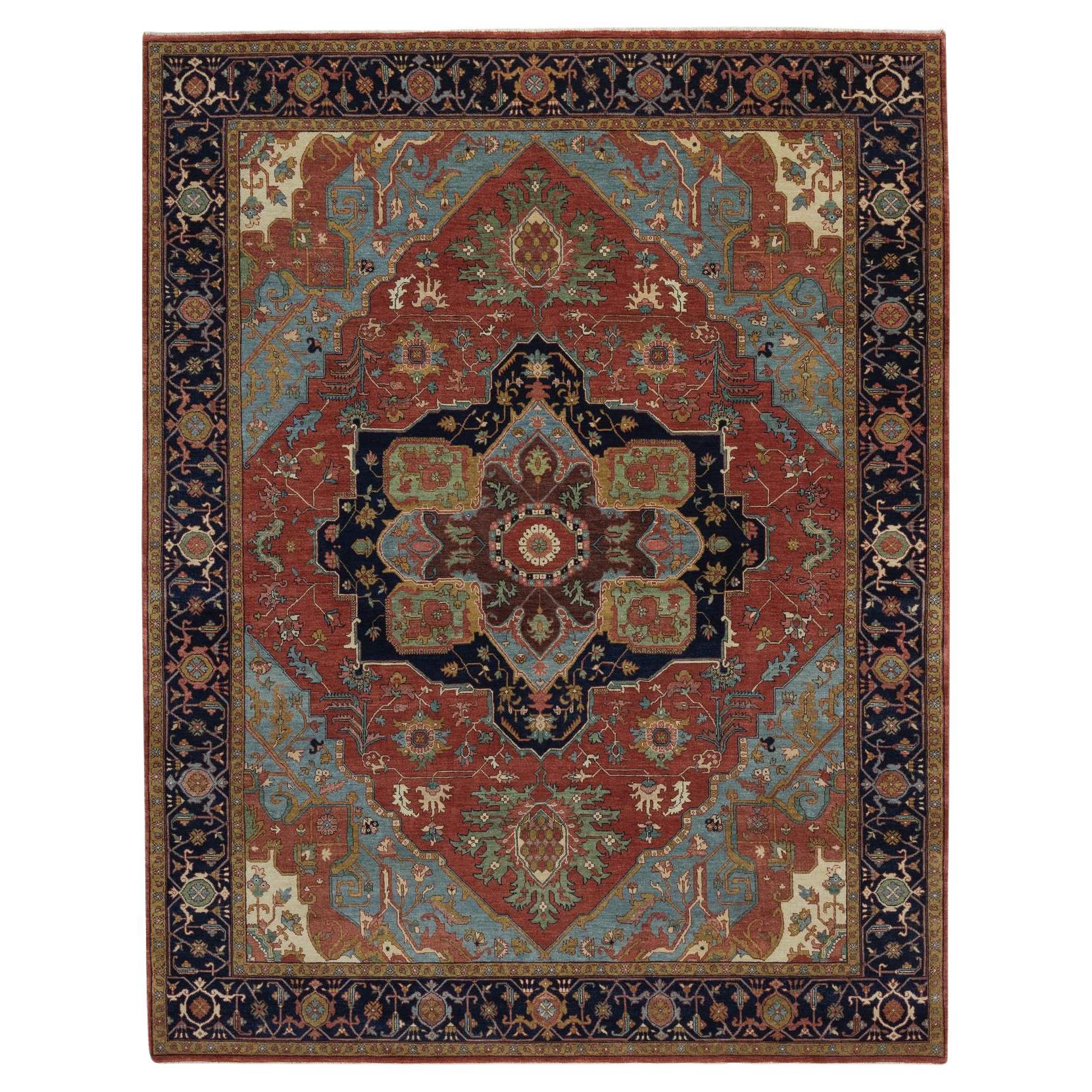 8'x10'1" Brick Red Antiqued Fine Heriz Re-Creation Hand Knoted Soft Wool Rugs