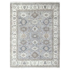 8'x10'1" Cloud Gray Karajeh and Geometric Design Organic Wool Hand Knotted Rug