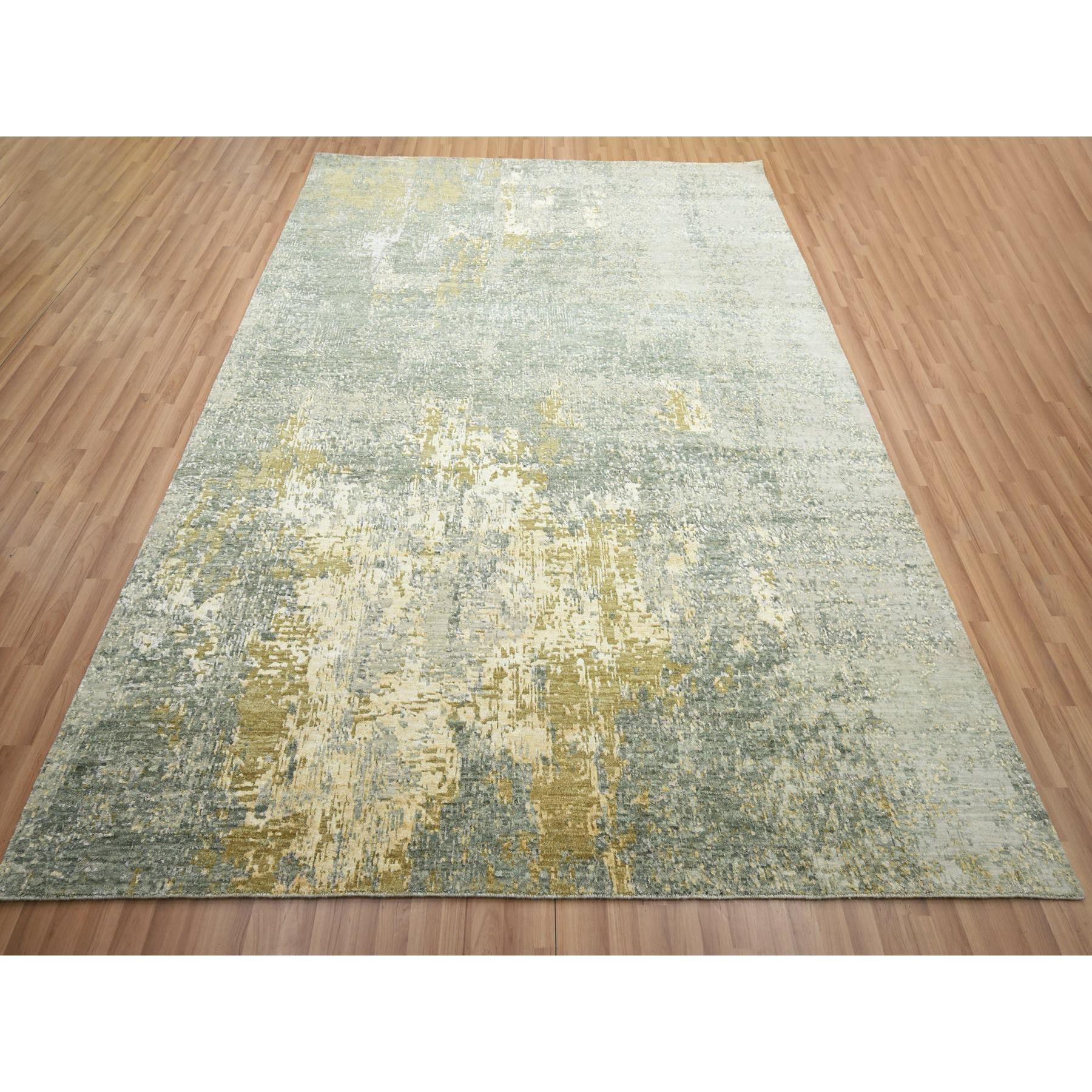 Sage Green with Yellow, Abstract with Galaxy Design, Persian Knot, 100% Wool, Hand Knotted, Densely Woven, Oriental Rug
Primary materials: Wool
Latex: No Pile 
height: 0.25 Inches
Style: Contemporary
Primary color: Green
Secondary colors: Honey