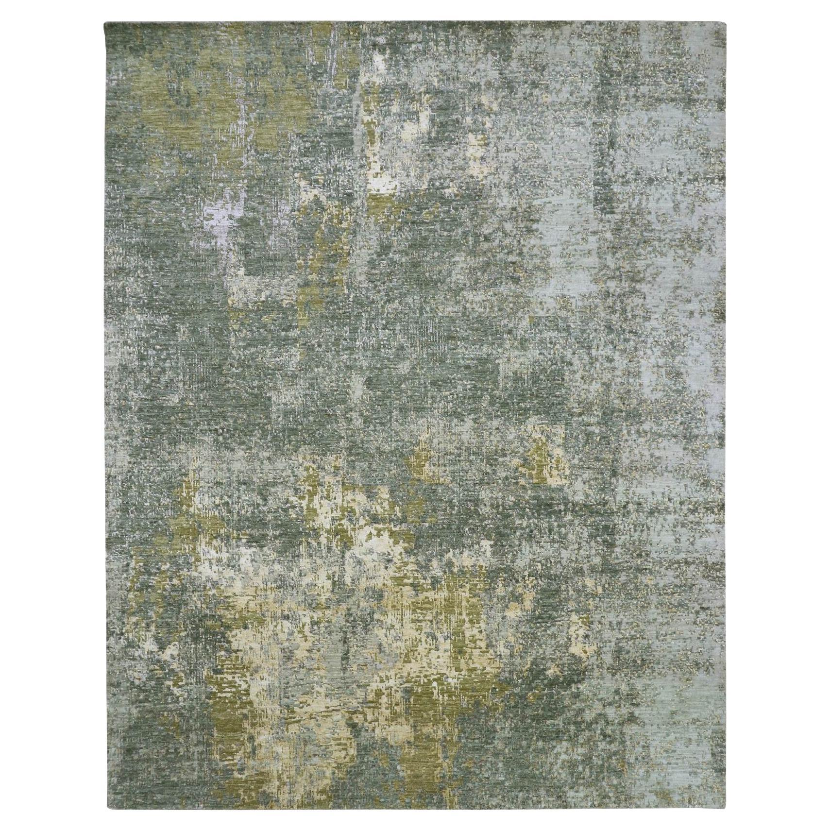8'x10'1" Green Abstract with Galaxy Design Persian Knot Hand Knotted Wool Rug For Sale