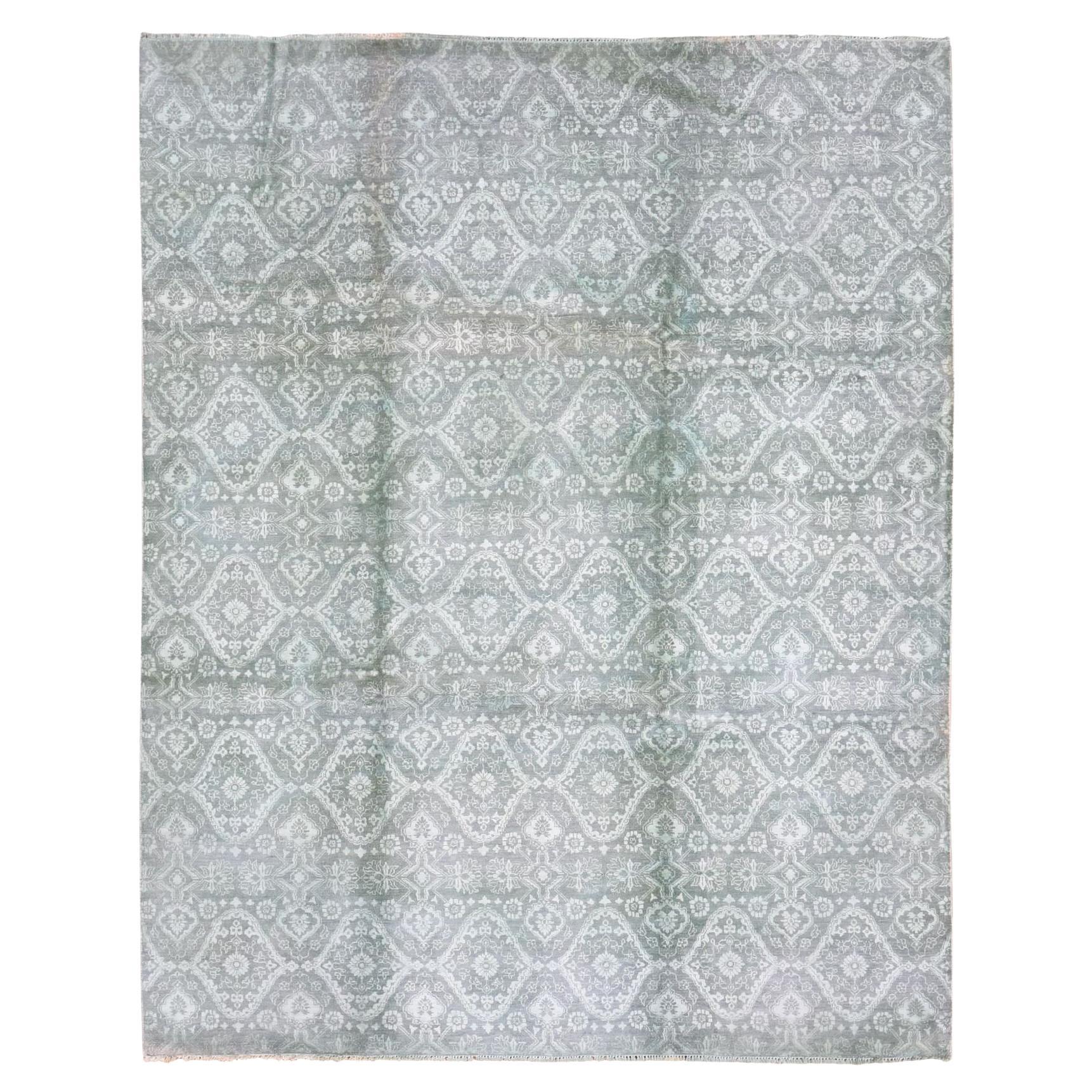 Alfombra oriental anudada a mano de lana y seda, teñida de verde, tono sobre tono, 8'x10'1