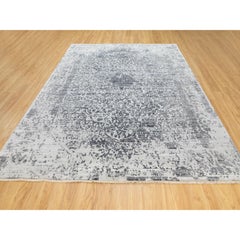 8'x10'1" Hand Knotted Grey Broken Persian Design Wool And Silk Oriental Rug