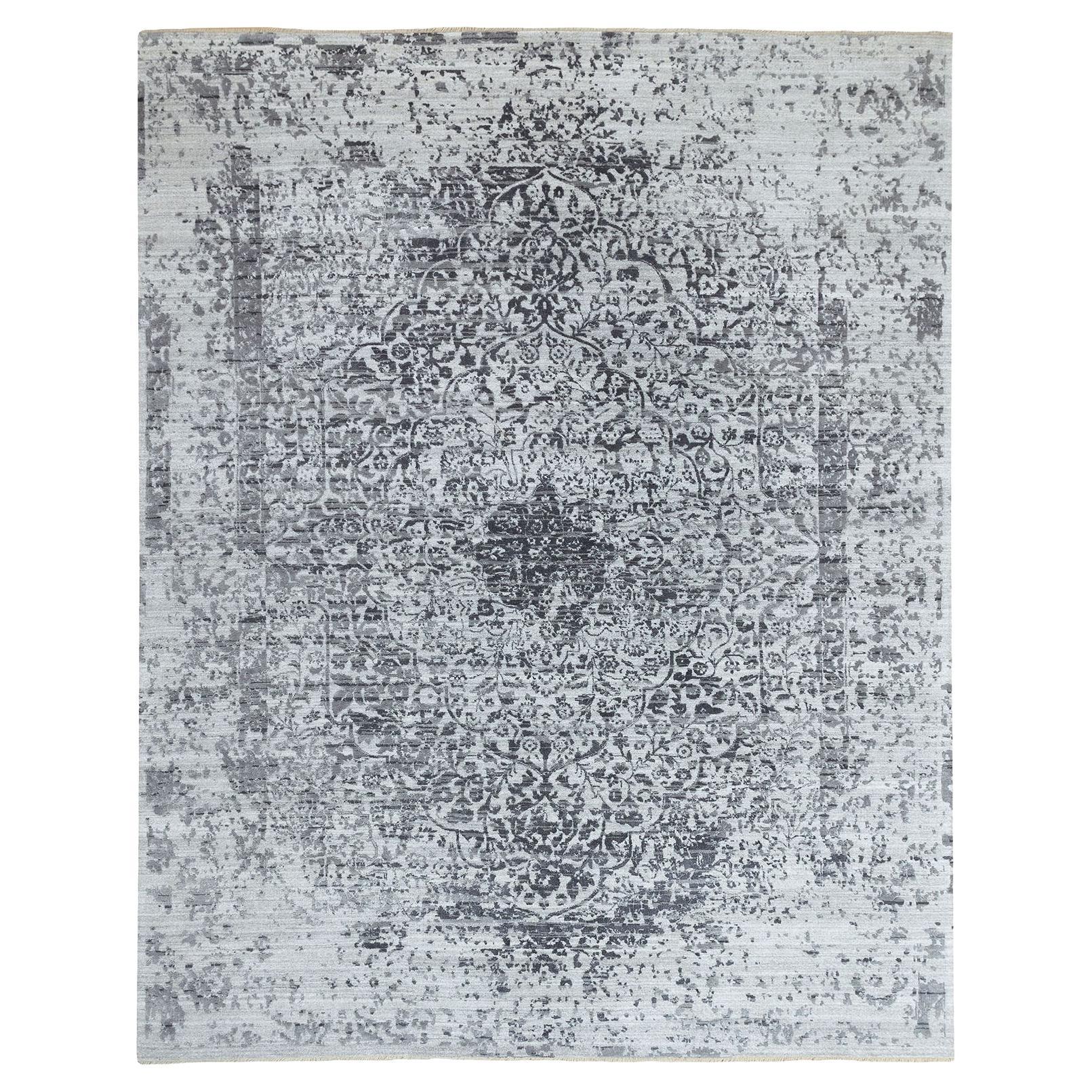 8'x10'1" Handgeknüpfter grauer orientalischer Teppich aus Wolle und Seide im persischen Design mit Brokenmuster